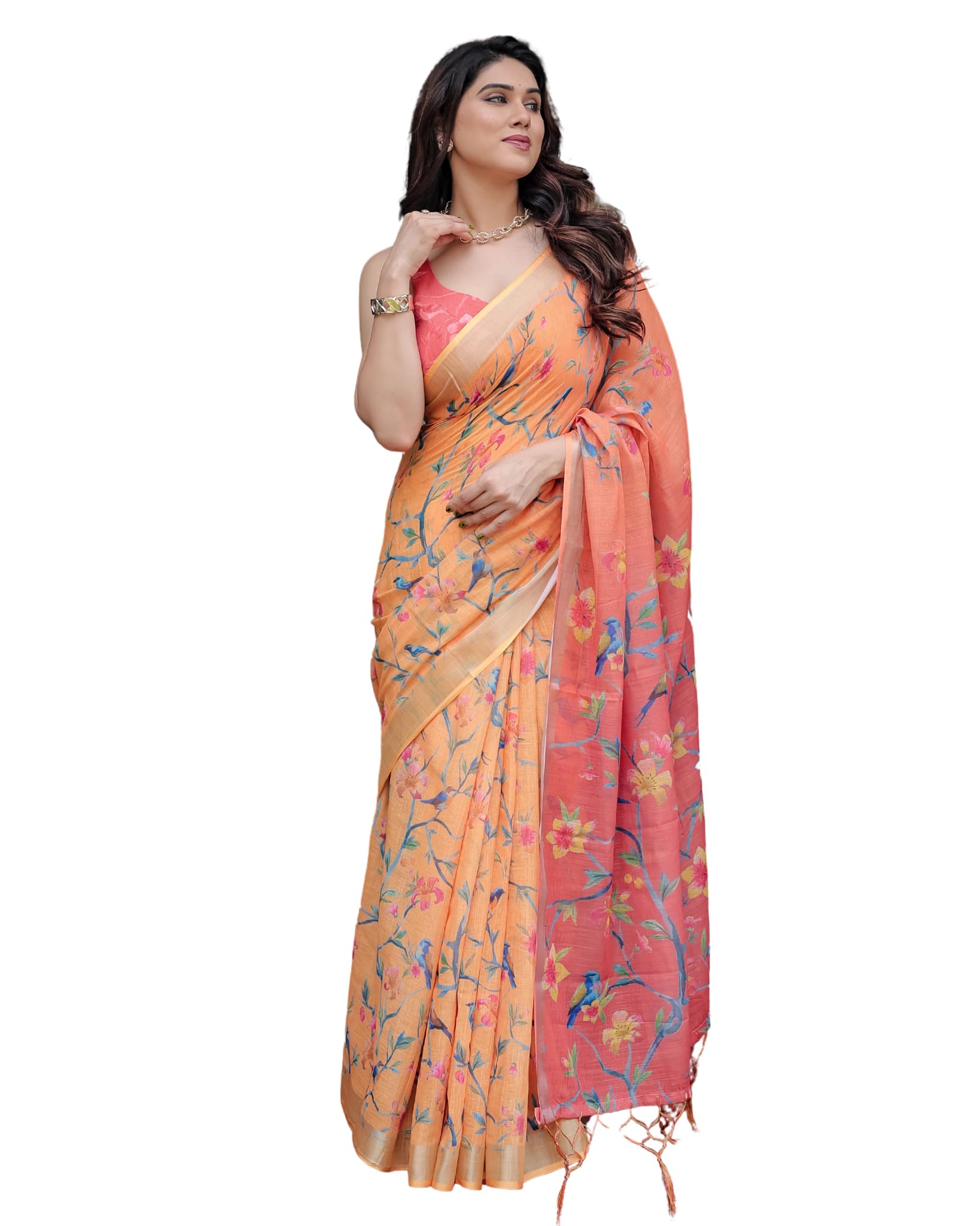 kaugalian store Linen Cotton Printed Saree for Women With Unstitched Blouse Piece-picture-11