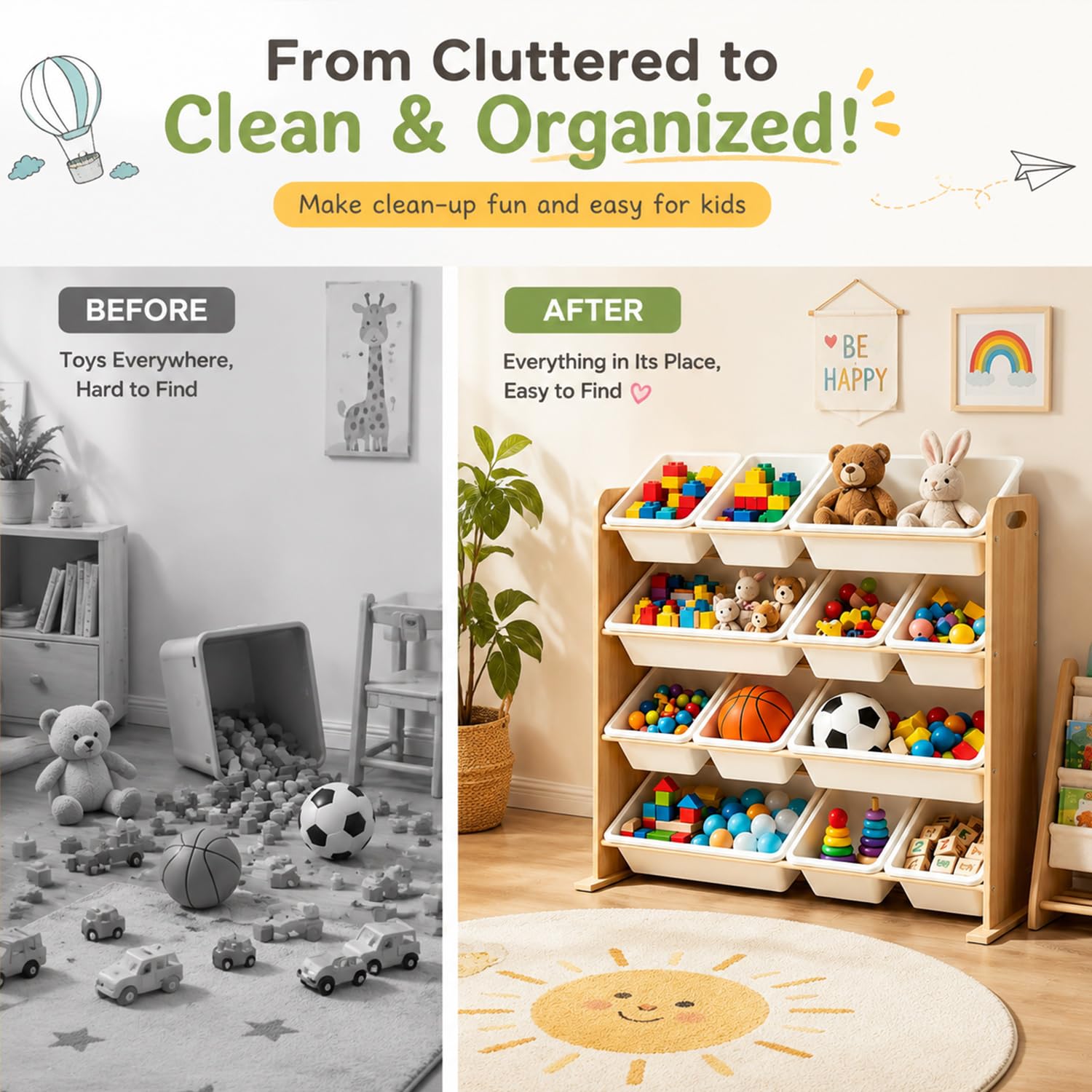 Kinderregal mit 12 Boxen,Spielzeug Organizer Naturholzfarbe