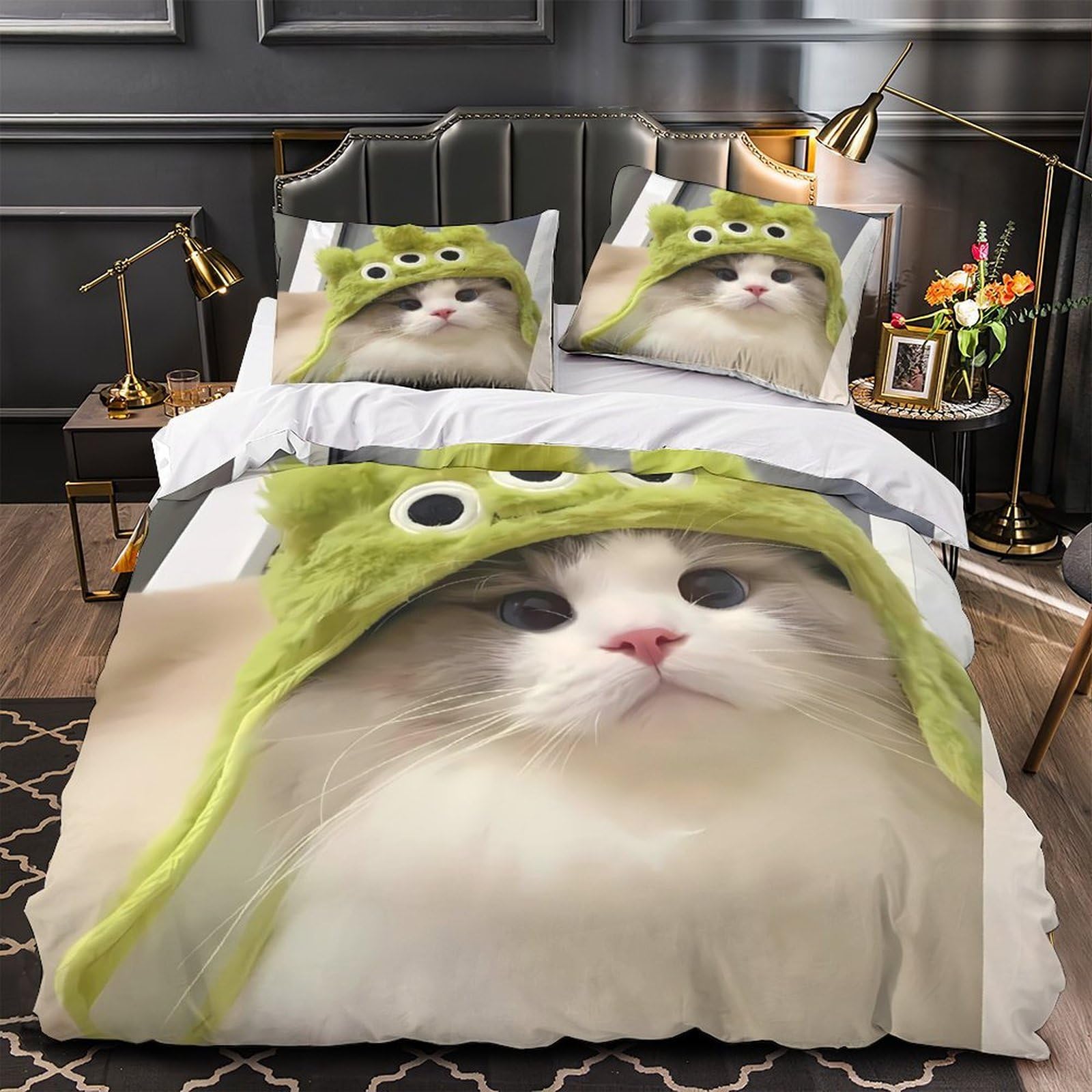 Housse de couette chat mignon 140x200 parure de lit microfibre enfant