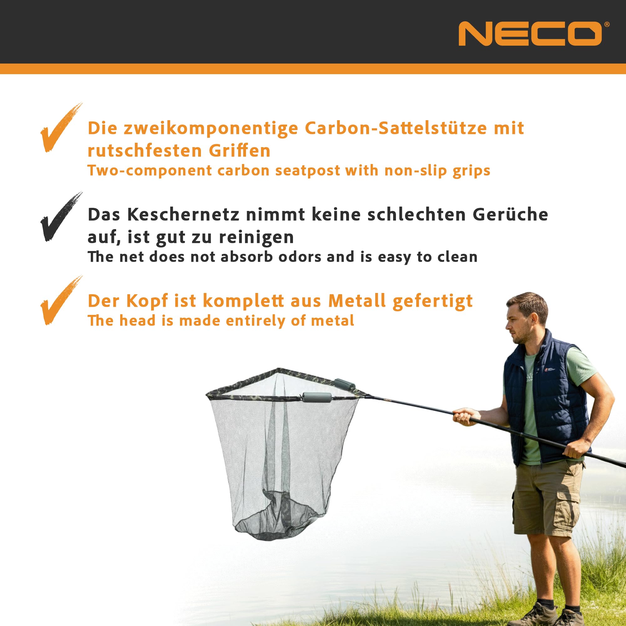 NECO Épuisette à Carpe 100x100 cm avec Flotteurs - Grand Filet Pliable et Léger avec Étui, Panier Profond pour la Pêche aux Poissons et Carpes (70202)