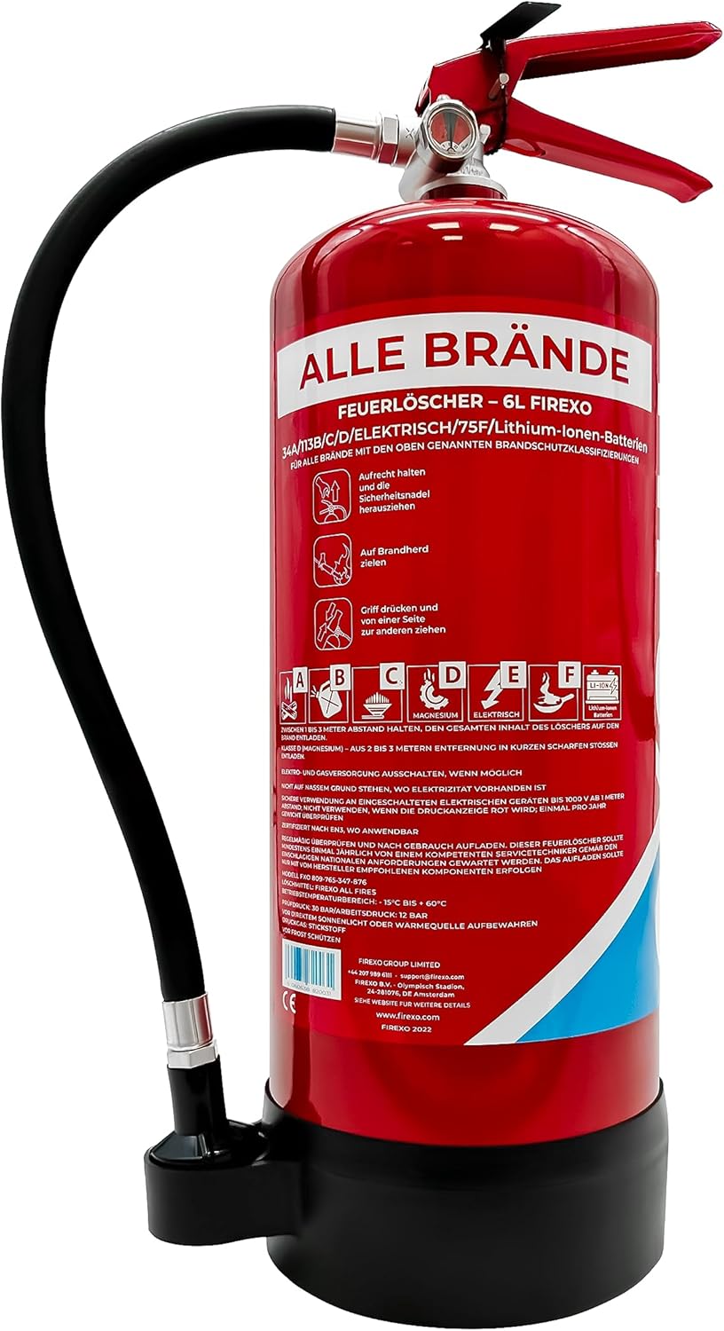 Firexo Feuerlöscher (6 Liter) – Alle Feuerarten – Mehrzweck-Feuerlöscher für Haushalt, Küche, Grill, Heimgebrauch, Gewerbe, Industrie und Büro