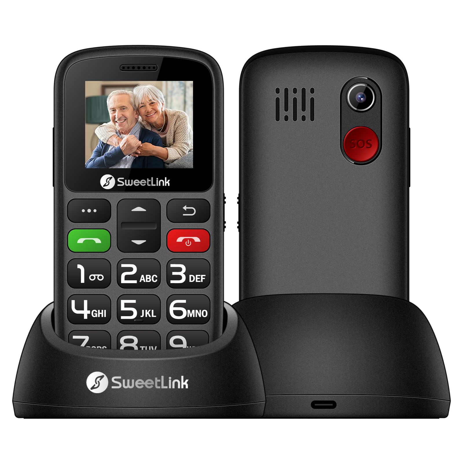 SweetLink S2 Handy für Senioren Ohne Vertrag Dual SIM 2G GSM,1400mAh Akku Seniorenhandy Ohne Vertrag,1,77 Zoll Farbdisplay Großtastenhandy mit Ladestation, SOS Notruftaste, Taschenlampe, FM-Radio