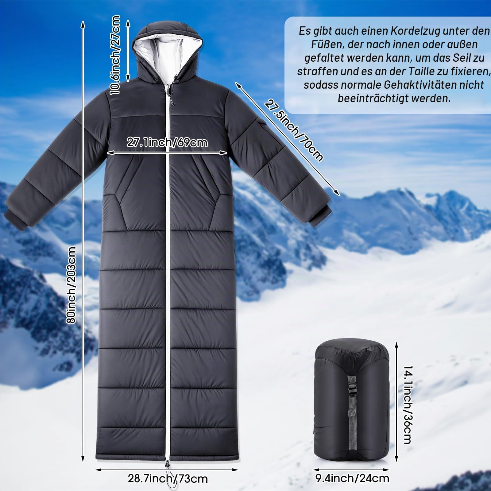 Macarrie Wearable Sleeping Bag for Adults with Sleeves and Hood, 74 Inch Long 0 Degree Cold Weather Insulated Weather Sleeping Bag for Extreme Cold Camping Hiking Stadium