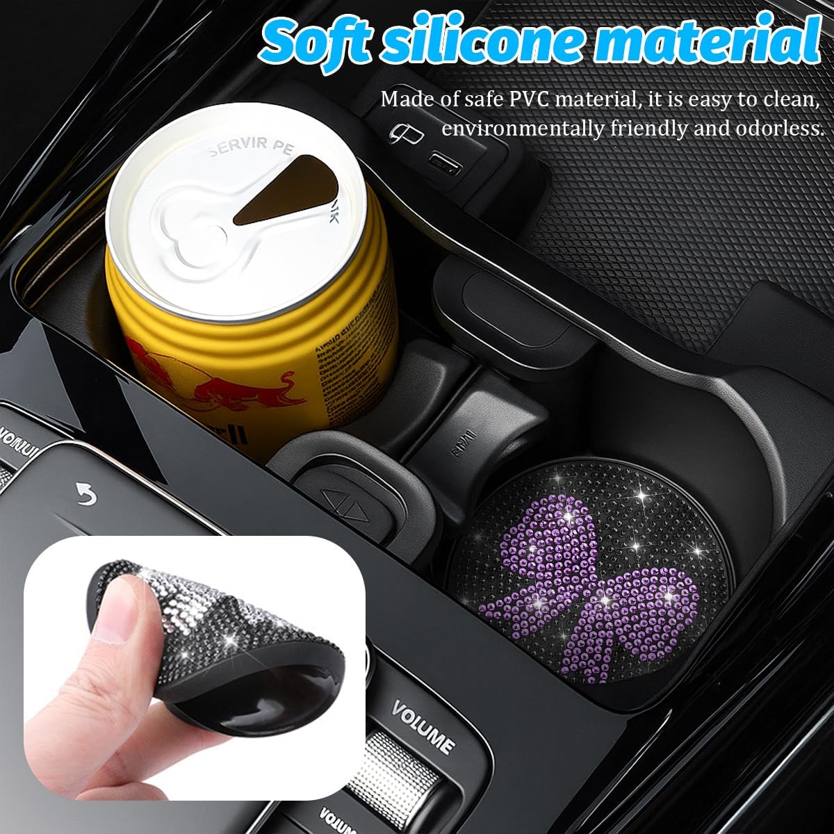 Bling Car Cup Holder Coaster, 2PCS Crystal Rhinestone Bow Shockproof Anti-Slip Vehicle Cup Holder Insert Decorative Pad, Automotive Interior Water Bottle Mat, Universal Fit (Black/Purple) image 4