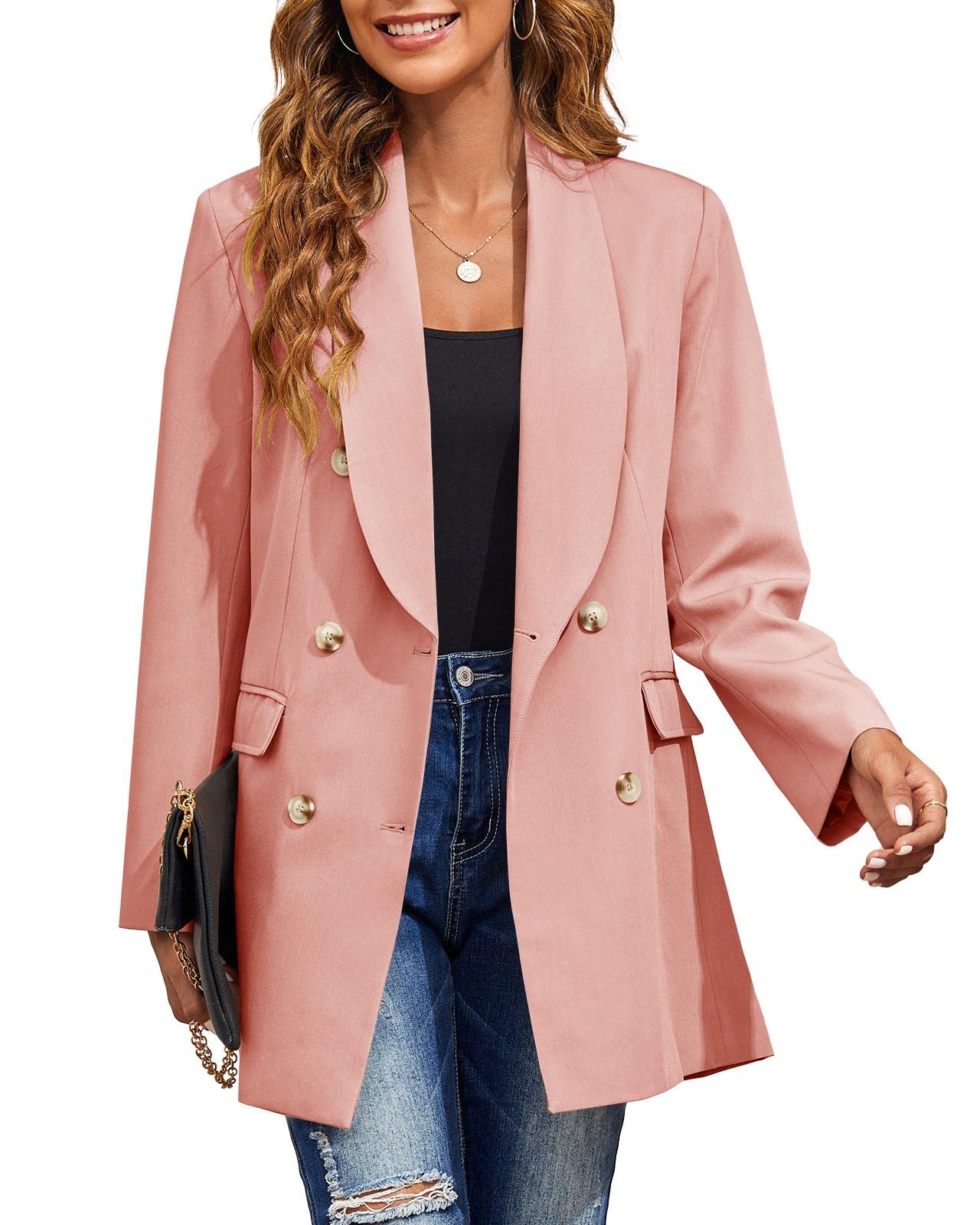 Tutorutor Womens Casual Blazers Long Sleeve Button Open Front Lapel Collar Long Blazer Work Office Jackets with Pockets
