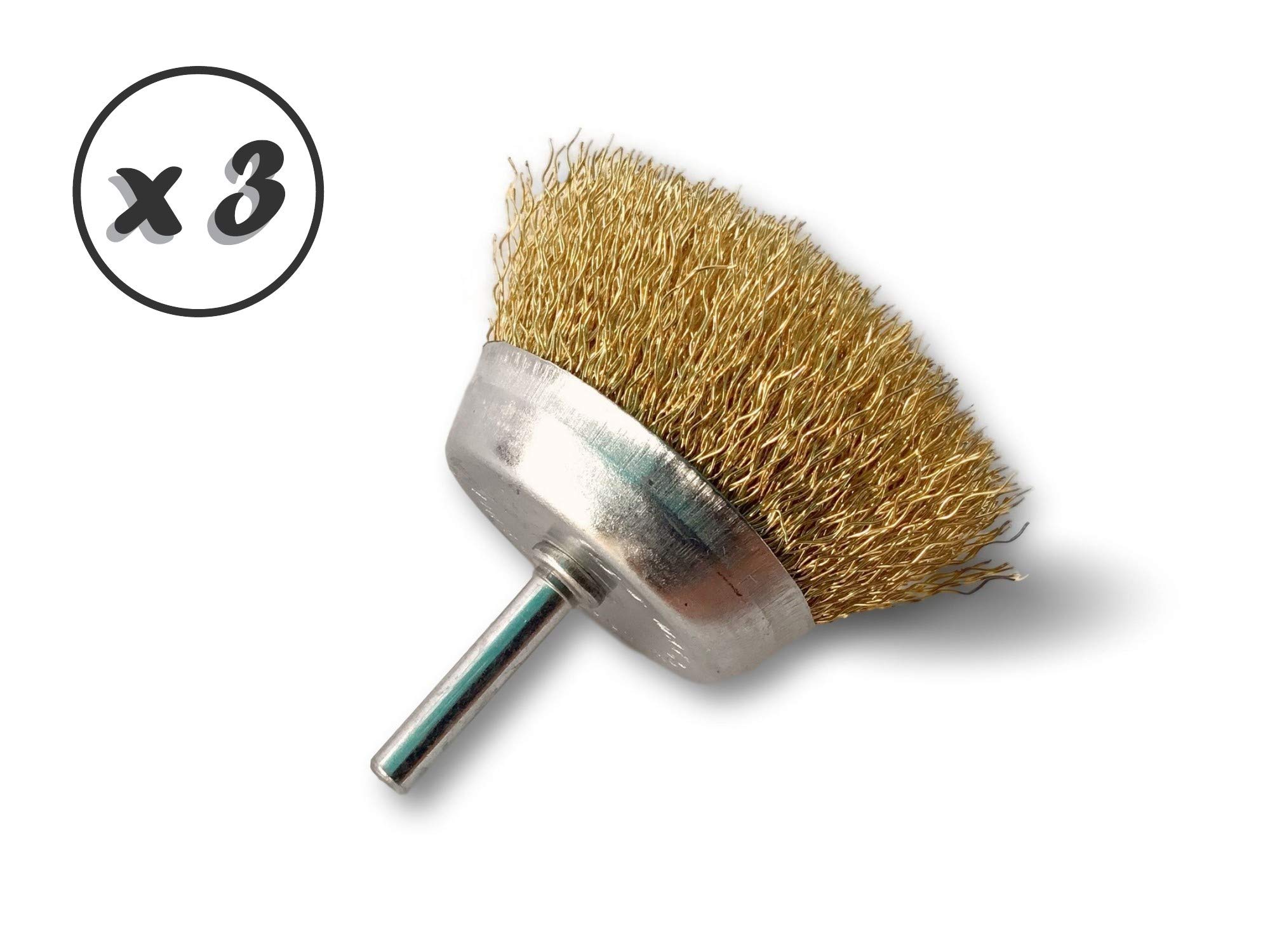 Metalowa szczotka obrotowa do cięcia Ø 75 mm | Zestaw 3 | Na pręcie Ø 6 mm | Drut mosiężny Ø 0,30 mm twardy | Do wiertarki lub wkrętarki z uchwytem | Kibros 2575LTx3