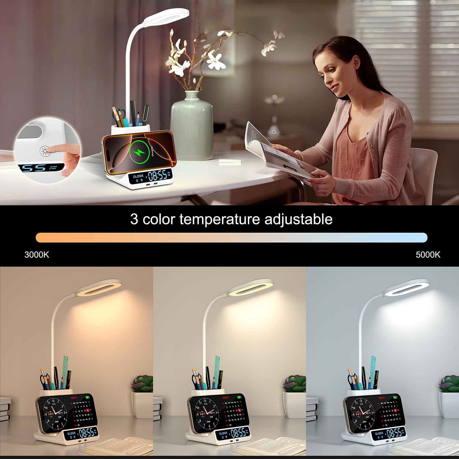5-en-1 Lampe de Bureau LED Intensité Variable avec Horloge, Réveil, Porte-Stylo et Fonction de Recharge, 3 Couleurs de Lumière,Lampe d'étude, Lampe de Chevet, Lampe de Lecture Veilleuse