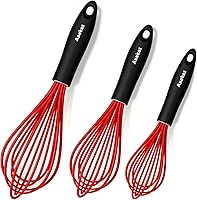 Anaeat Silicone Whisk with Thick Stainless Steel Wires - Heat Resistant up to 450°F, Non-Stick Safe Balloon Egg Beater for Whisking, Blending & Frothing (Red)