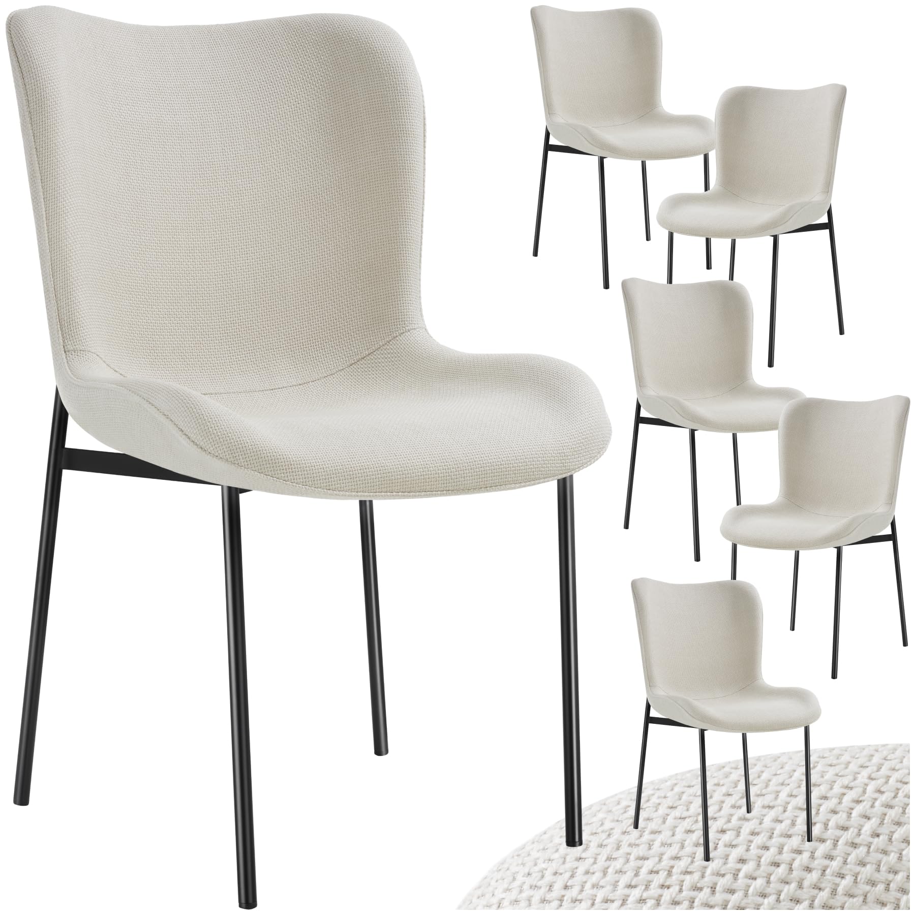 tectake® 6er Set Stuhl, Polsterstuhl für Küche, Esstisch, Sessel Schminktisch, Cocktailsessel, Elegante Esszimmerstühle oder Wohnzimmerstühle für edles Dining - Webstoff Off White/schwarz
