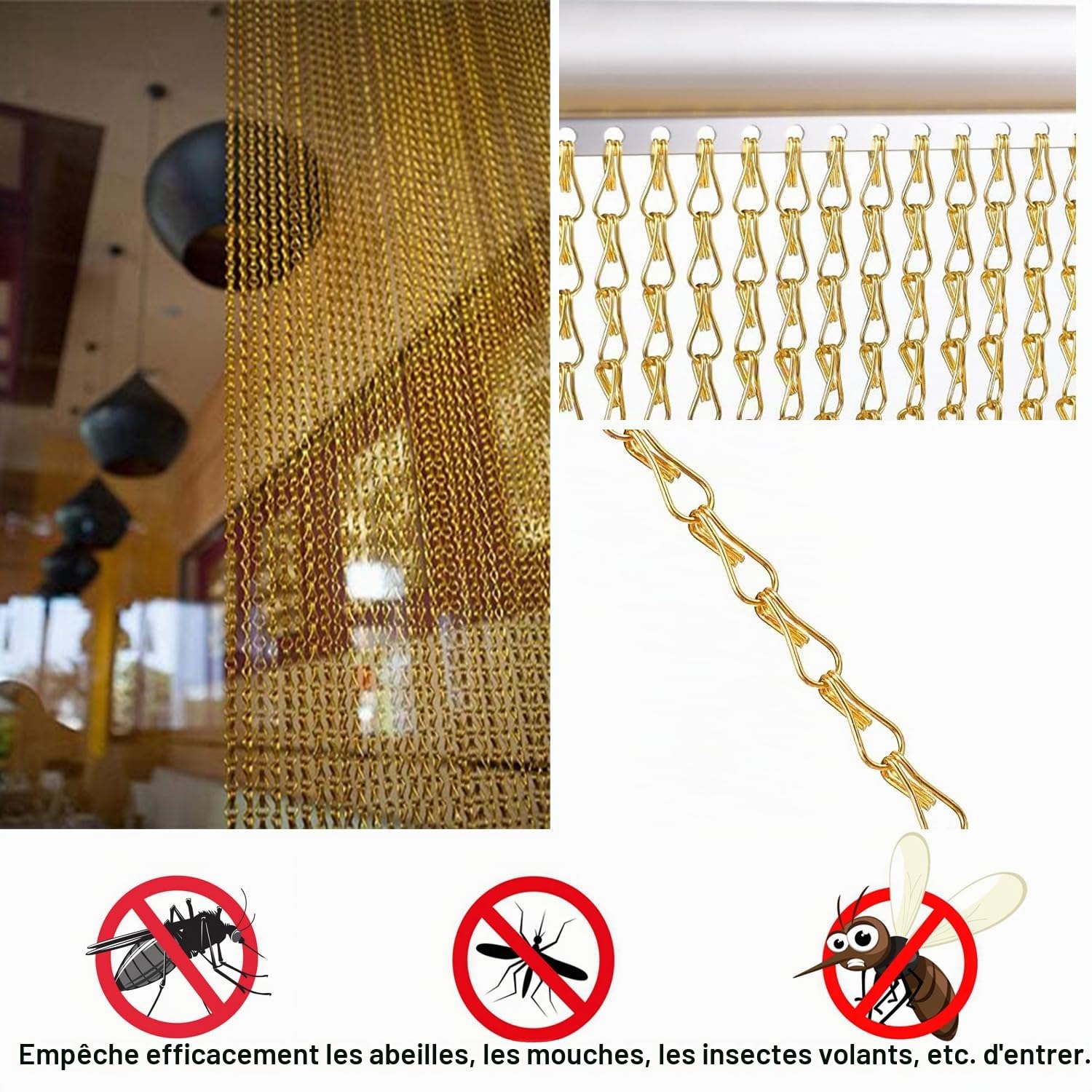 Store à Enrouleur en Aluminium 90 × 200 cm avec chaîne, Anti-Mouches et Anti-Insectes, pour la Protection Contre Les nuisibles, pour Portes et fenêtres, décoration d'intérieur (doré)