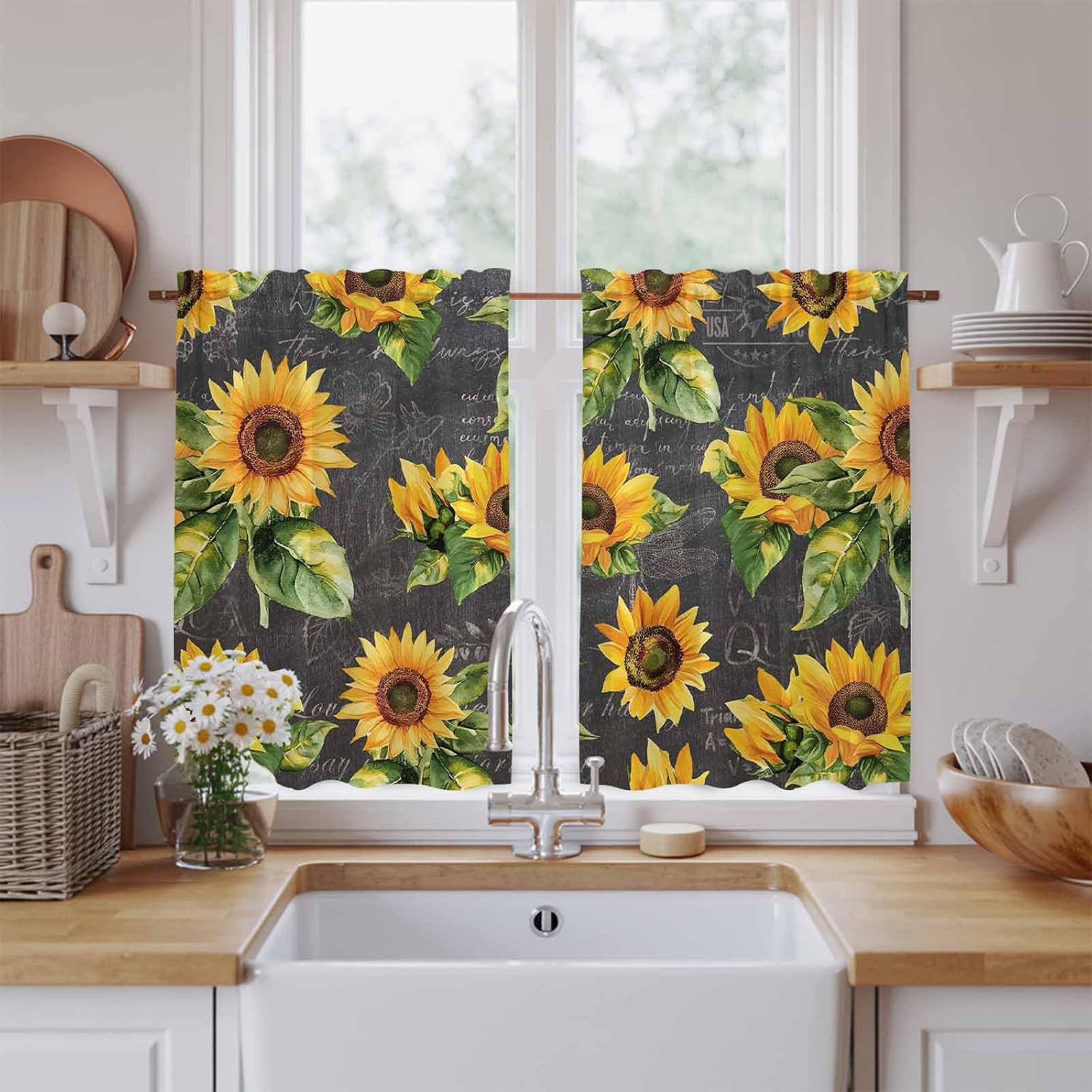 Sunflower Black Retro Kitchen Curtains, Spring Summer Flowers Botanical Light Filtering Window Curtain Panels, 2Pcs Rod Pocket Window Treatments Set for Cabin Bathroom Bedroom 52x45 Inches