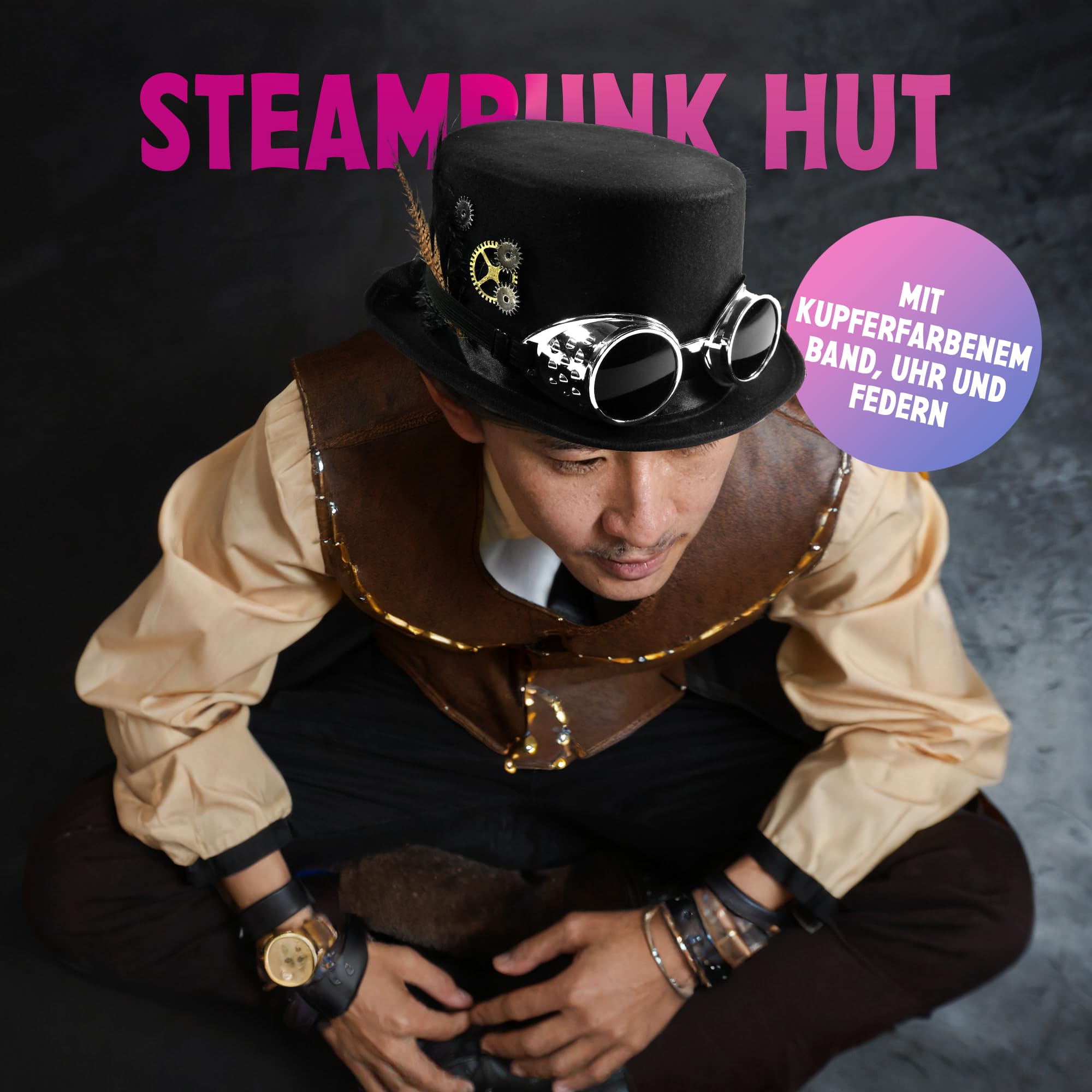 Hut Zylinder Steampunk, schwarz, mit abnehmbarer Brille, Zahnrädern und Federn für JGA, Mottoparty, Fasching Karneval