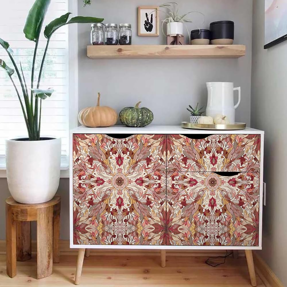 18"x236" Red Damask Flower Vintage Peel and Stick Self Adhesive Wallpaper Removable Contact Paper Stick on Easy Peel Off Wall Paper for Kitchen Bedroom Bathroom Renter