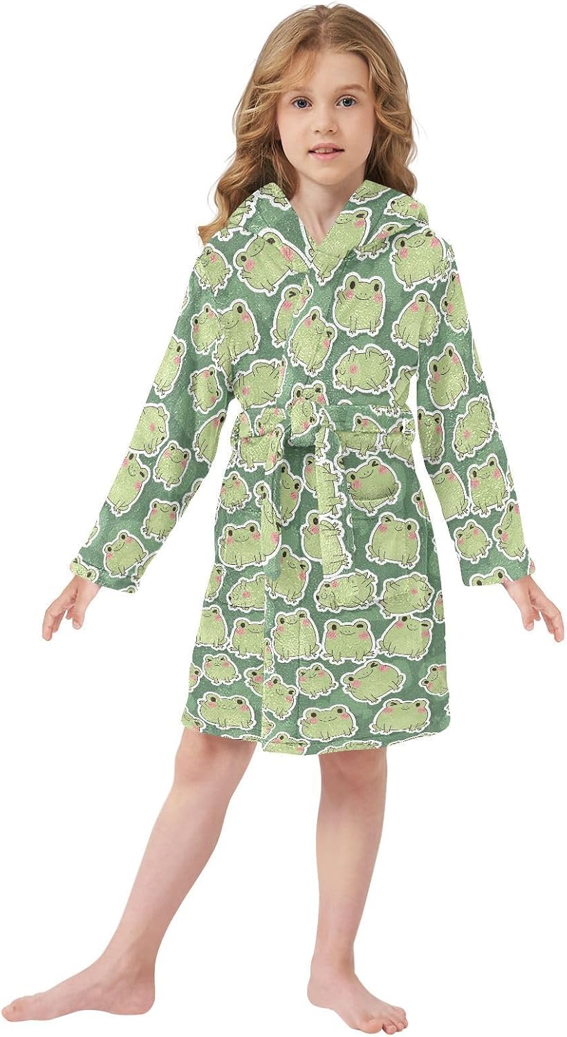 senya Frog Cute Green Toddler Hooded Bathrobe Kids Soft Plush Bath Towel Robes for Boys Girls 2-12 Years