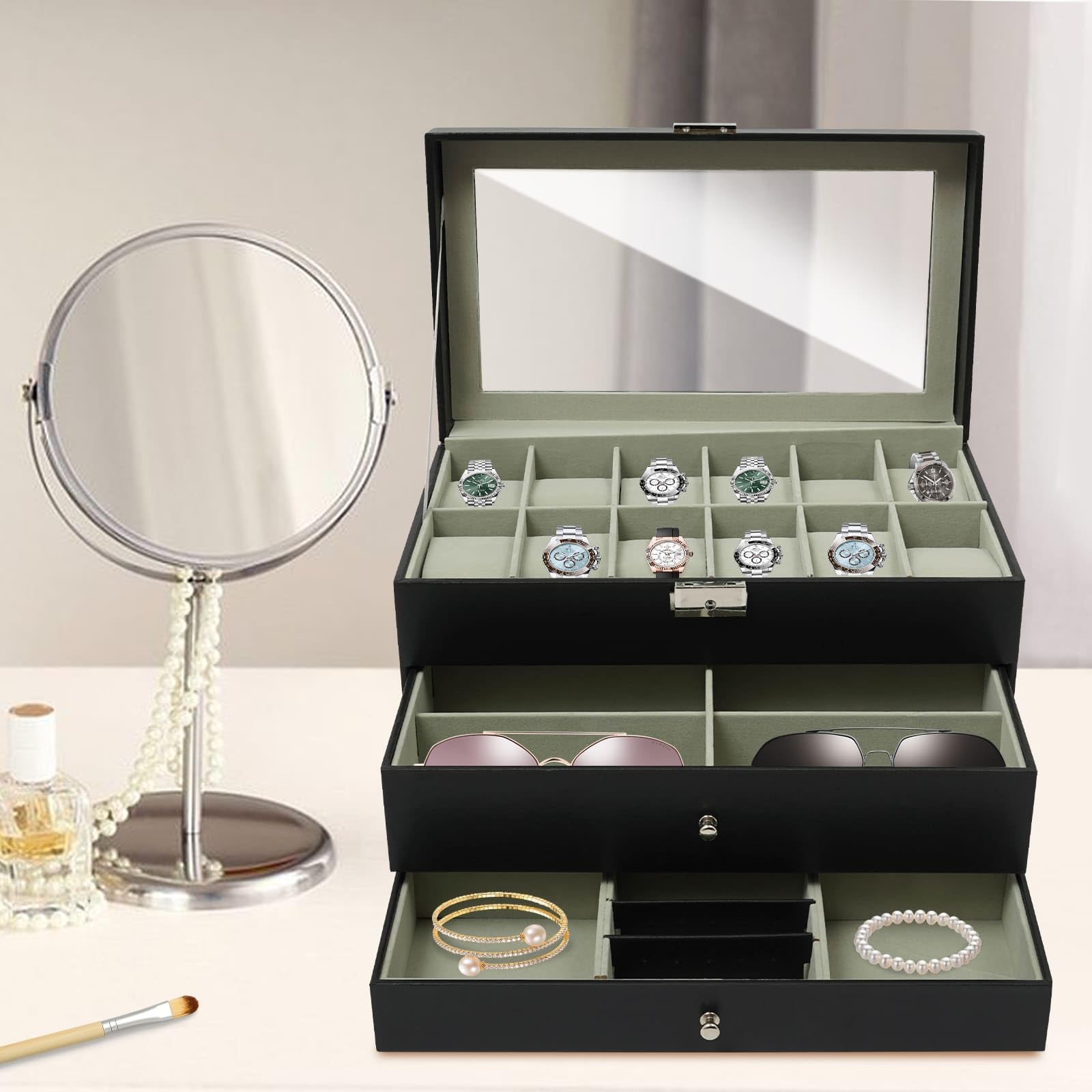 Caja para relojes y joyas, 3 niveles, con cajones, tapa transparente, 33,5 x 19,4 x 20,5 cm, color negro
