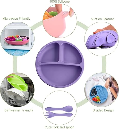 Miniatura 5 de Dandat Juego de 24 piezas de silicona para bebés, 6 ventosas para bebés, 6 platos de succión divididos con 6 tenedores, 6 cucharas, juego