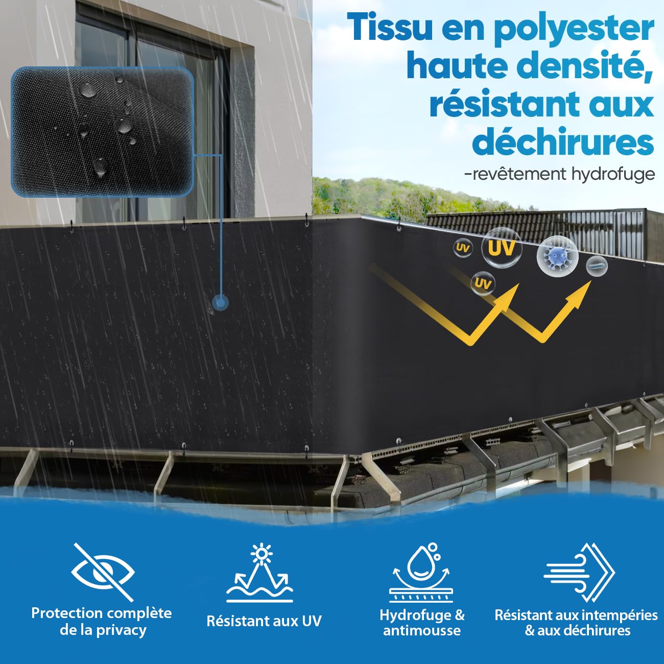 Sekey Brise-Vue pour Balcon Couverture de confidentialité Écran Polyster Vent Protection UV Opaque Résistant aux Intempéries, avec Attaches de câble et Cordons, 90 x 400cm Noir