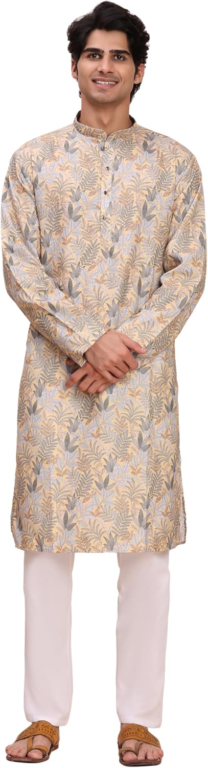 Pro-Ethic Style Developer Mens Indian Traditional Cotton Kurta Sets, Men Printed Kurta Set Indian Wedding Dress (A-124)