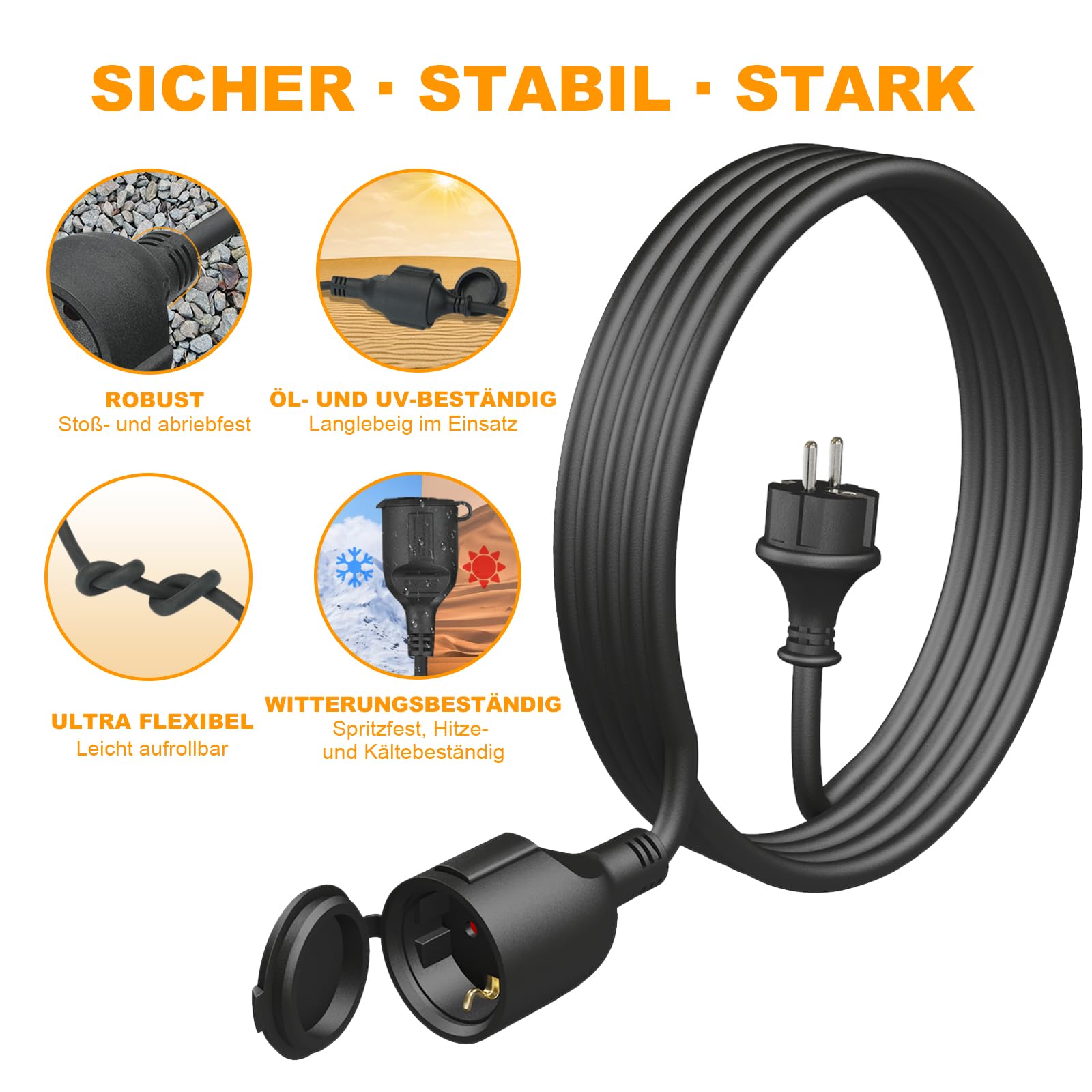 Cable alargador exterior de goma, 20 m, cable de alimentación con enchufe Schuko para exteriores, IP44, extensión de cable H05RR-F 3G1,5 mm² con tapa protectora, cable eléctrico exterior, 3500 W