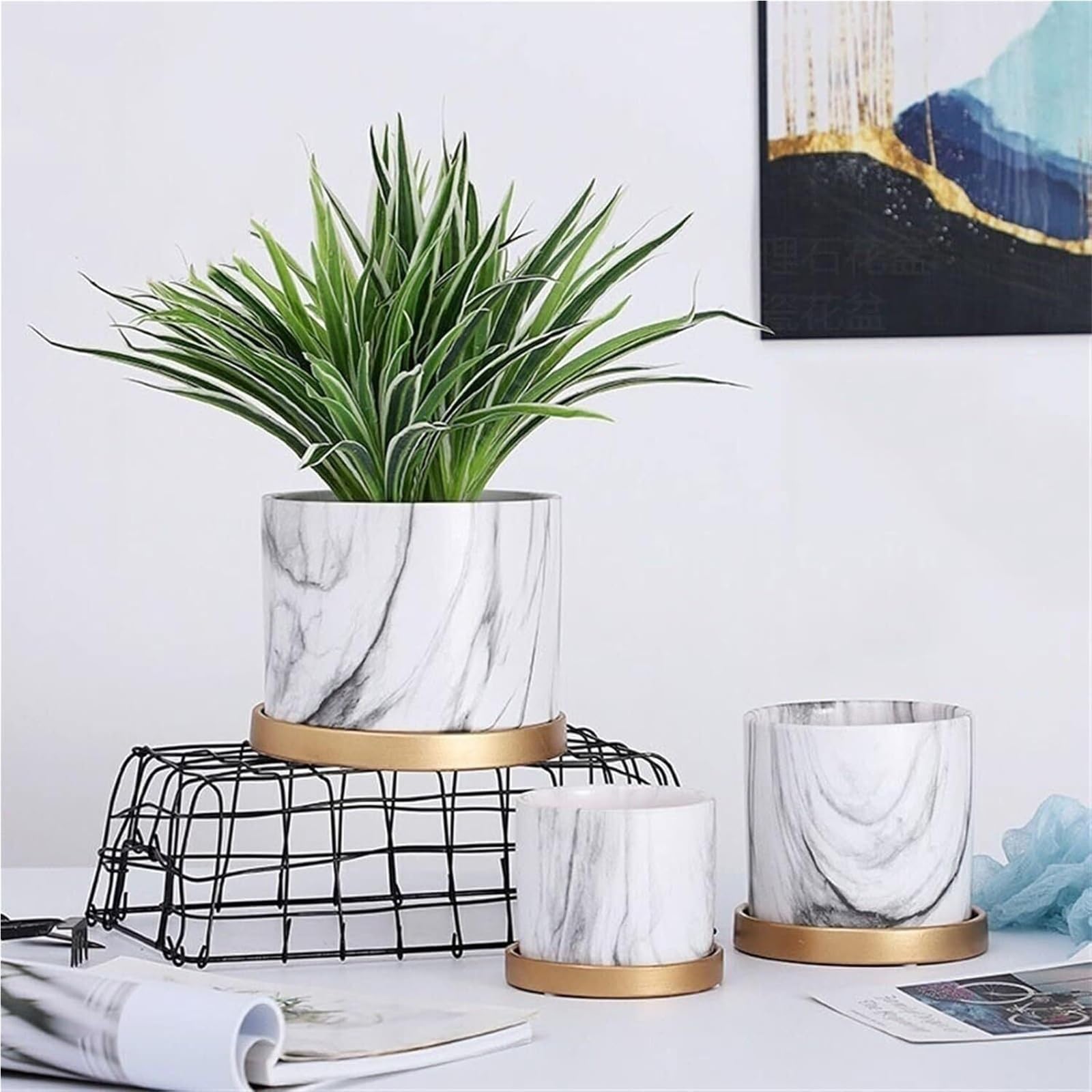 Doniczki na rośliny ceramiczna doniczka z tacą imitacja marmuru doniczka na storczyki i zielone rośliny prezenty dla miłośników roślin (L)