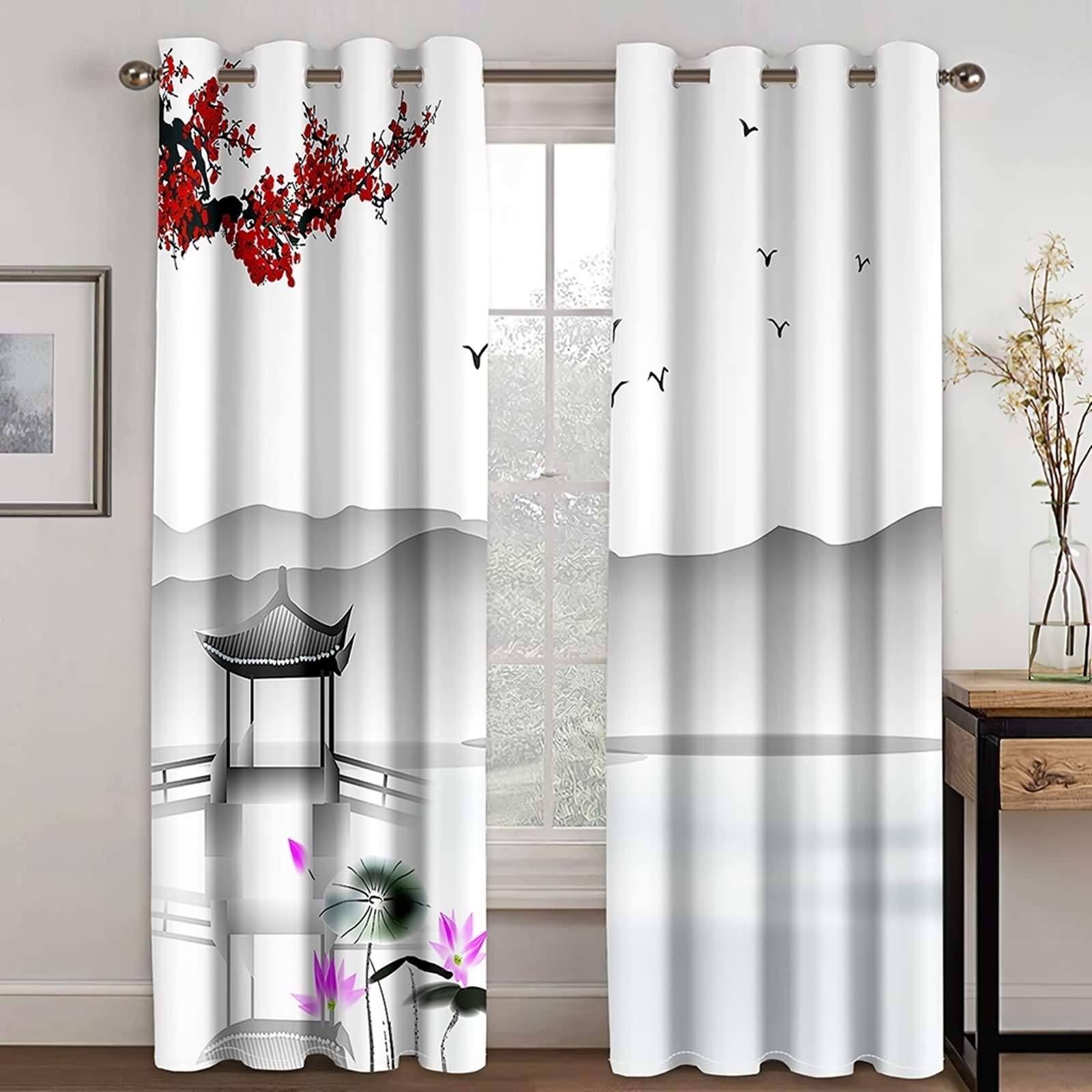 Rideau imprimé peinture chinoise KnSam occultant gris rouge blanc 132x214 chambre et salon