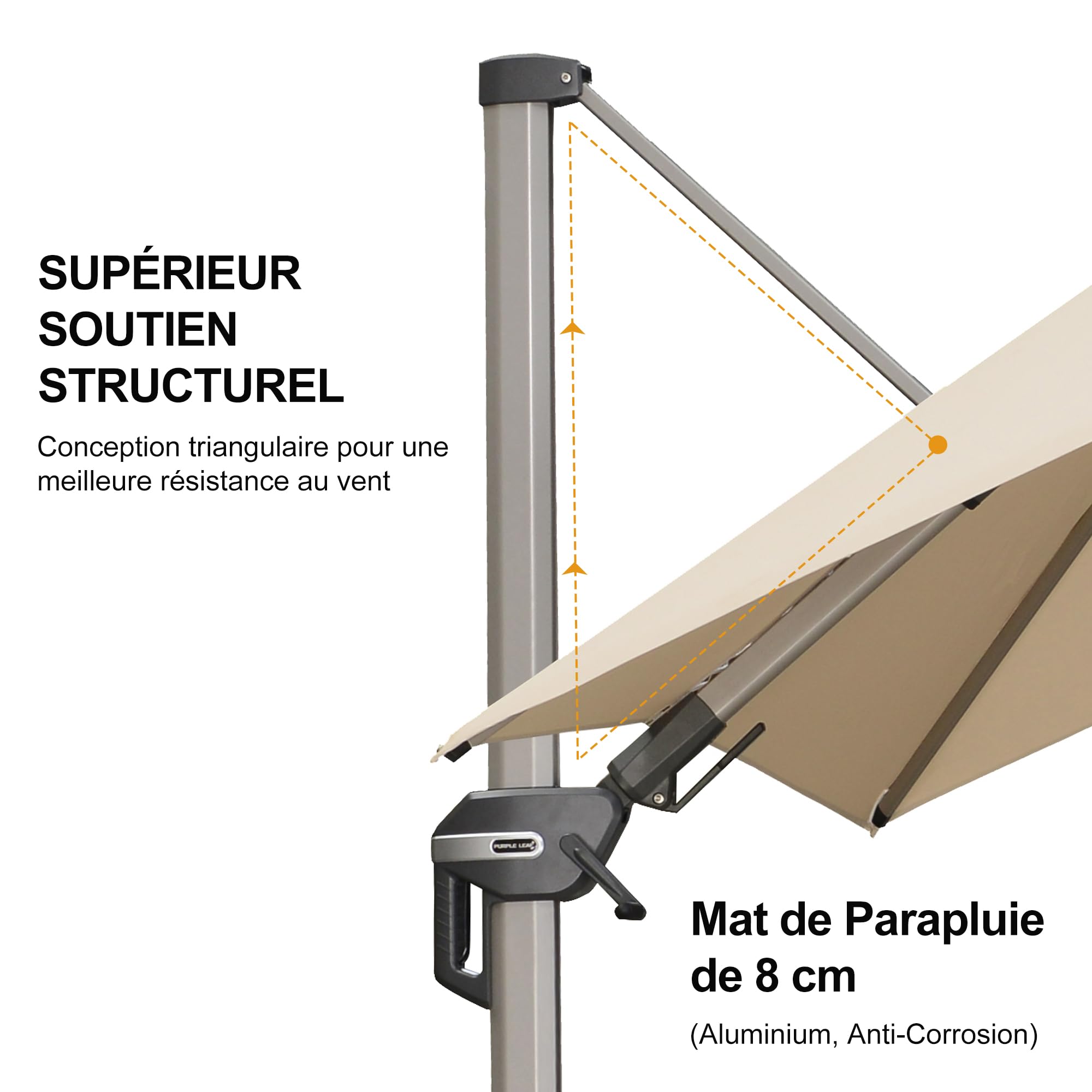 PURPLE LEAF Parasol Déporté 3 x 3 m Carré, Inclinaison Bilatérale et Rotation à 360°, Parasol Résistant au Vent, 8 Baleines en Aluminium Champagne, Toile anti-UV, Pour Patio, Terrasse, Piscine, Beige