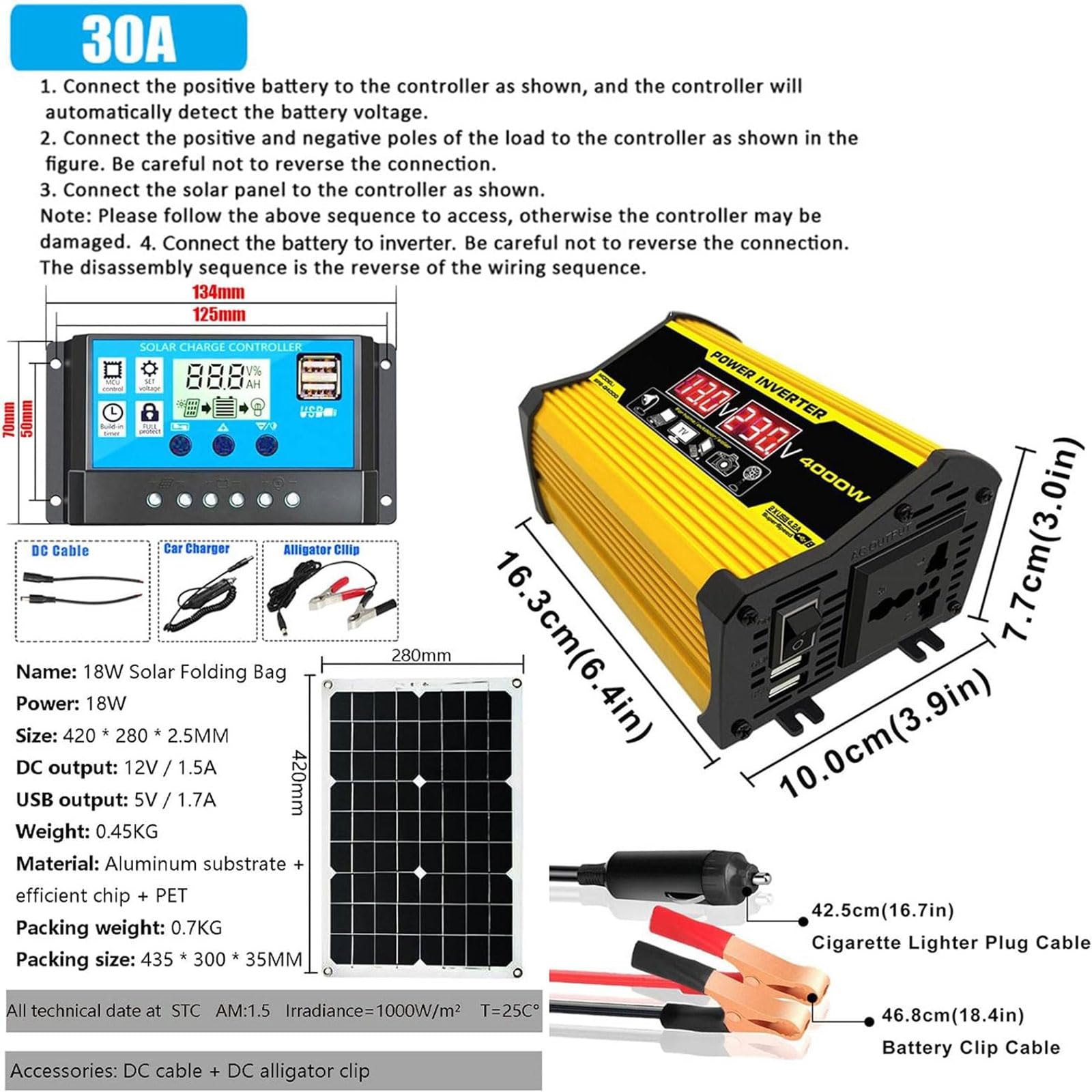 Kit inverter solare off-grid da 4000 W con doppi pannelli monocristallini da 18 W e regolatore di carica da 30 A(Unique Colour)