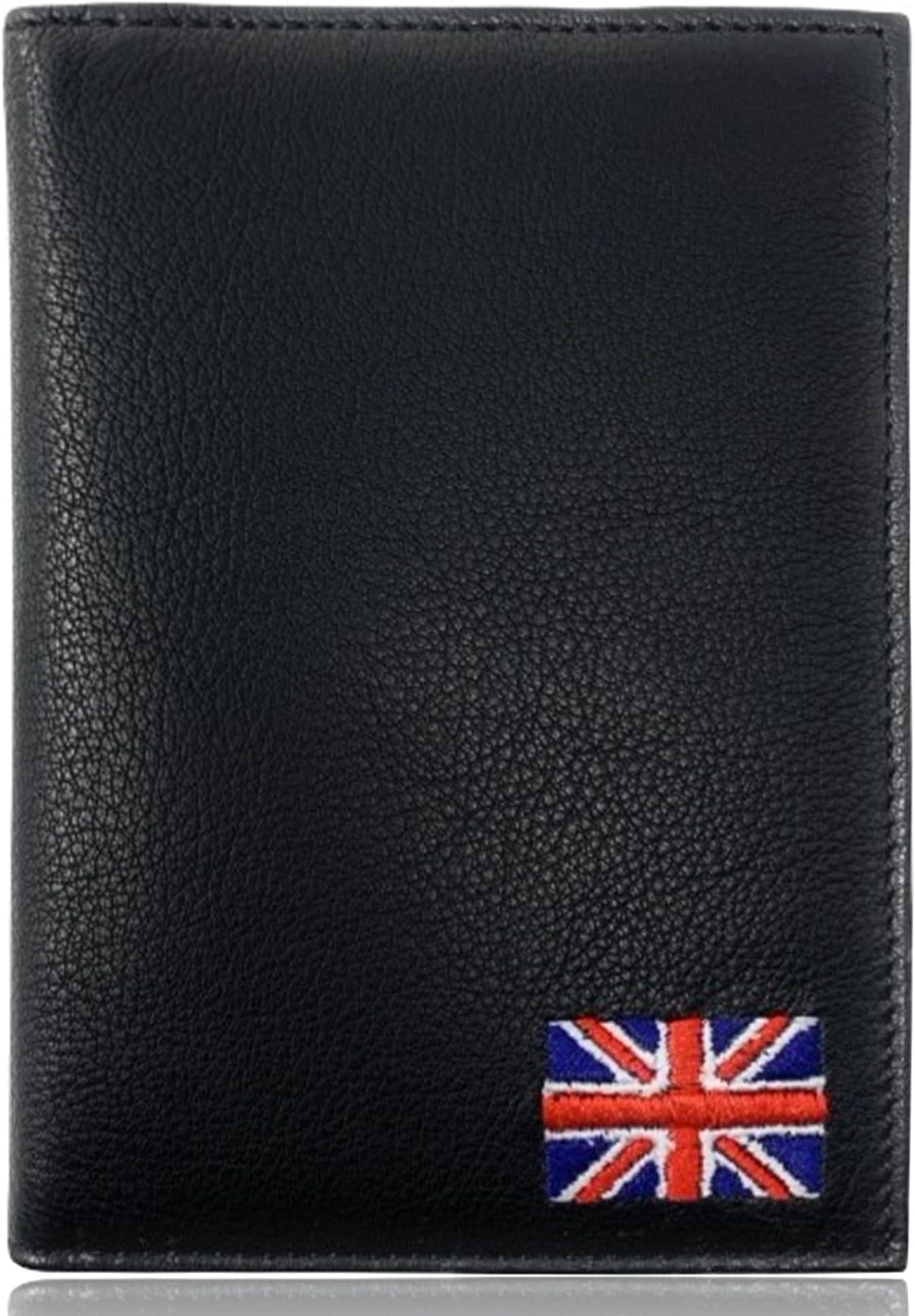 MOIRENTOUK Leather Passport Cover - Embroidered Union Jack RFID Blocking Holders Genuine Black Wallet Passport Travel Wallet Men Women (UJBLKL), 20121