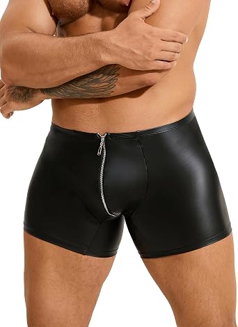 sunshinelay Men's Faux Leather Boxer Shorts with Zipper Pouch Design