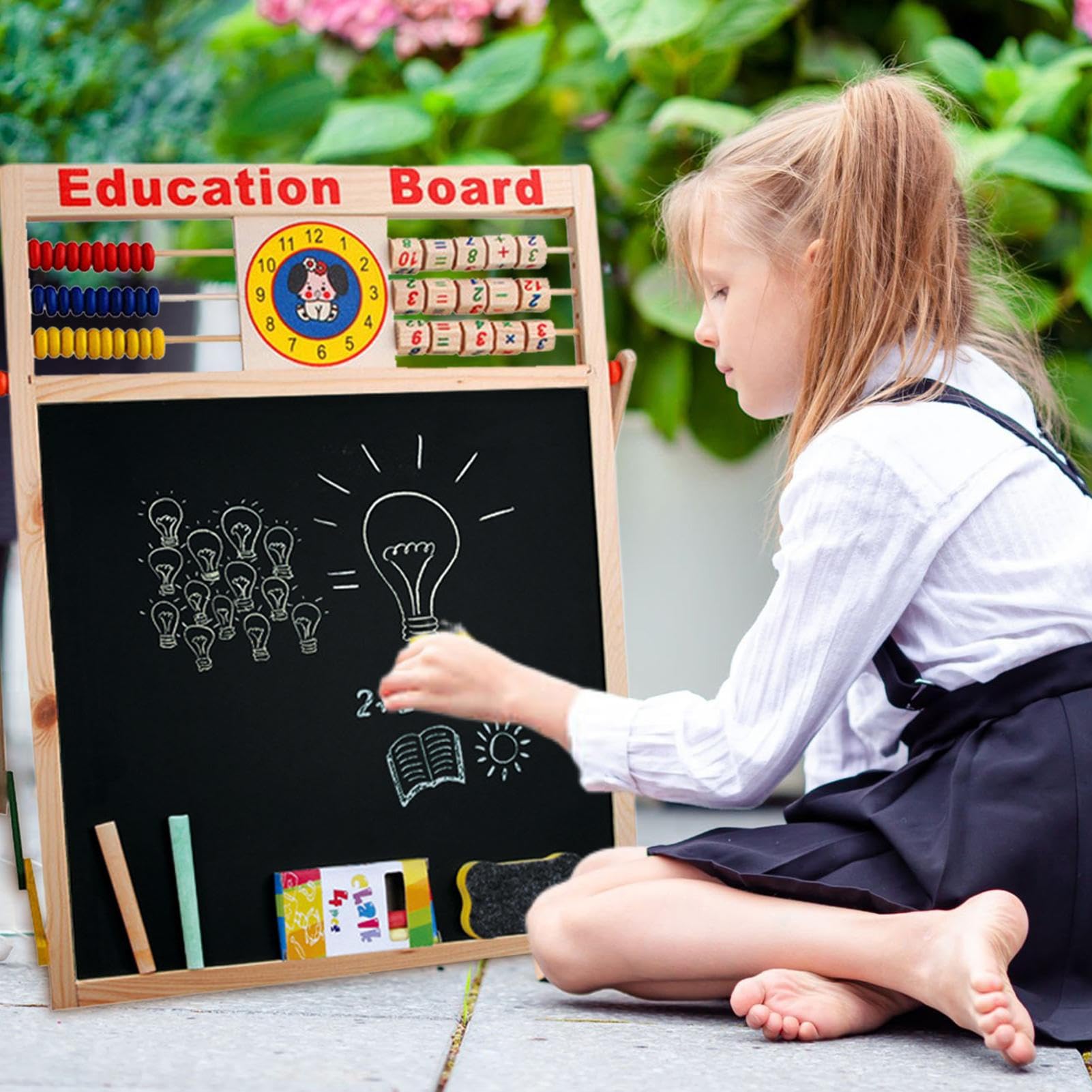 Generic - Cavalletto d'arte per bambini - Lavagna da disegno interattiva | in legno classico nero con lavagna magnetica double face e abacco