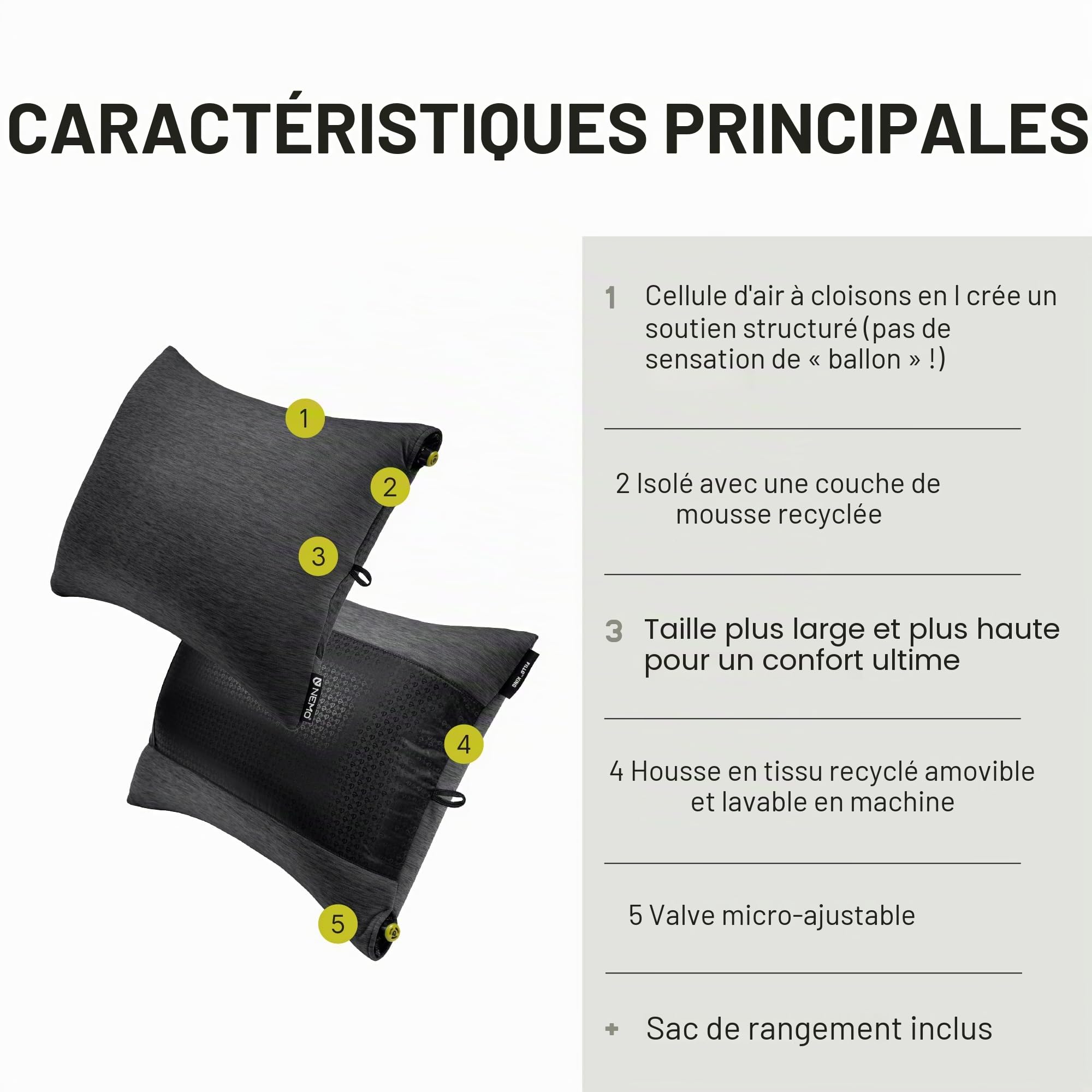 NEMO Equipment Fillo King Oreiller de camping de luxe – Noir perle/bourgeon de bouleau | Pliable, rembourrage en mousse, air, soutien du cou, housse amovible, voyage