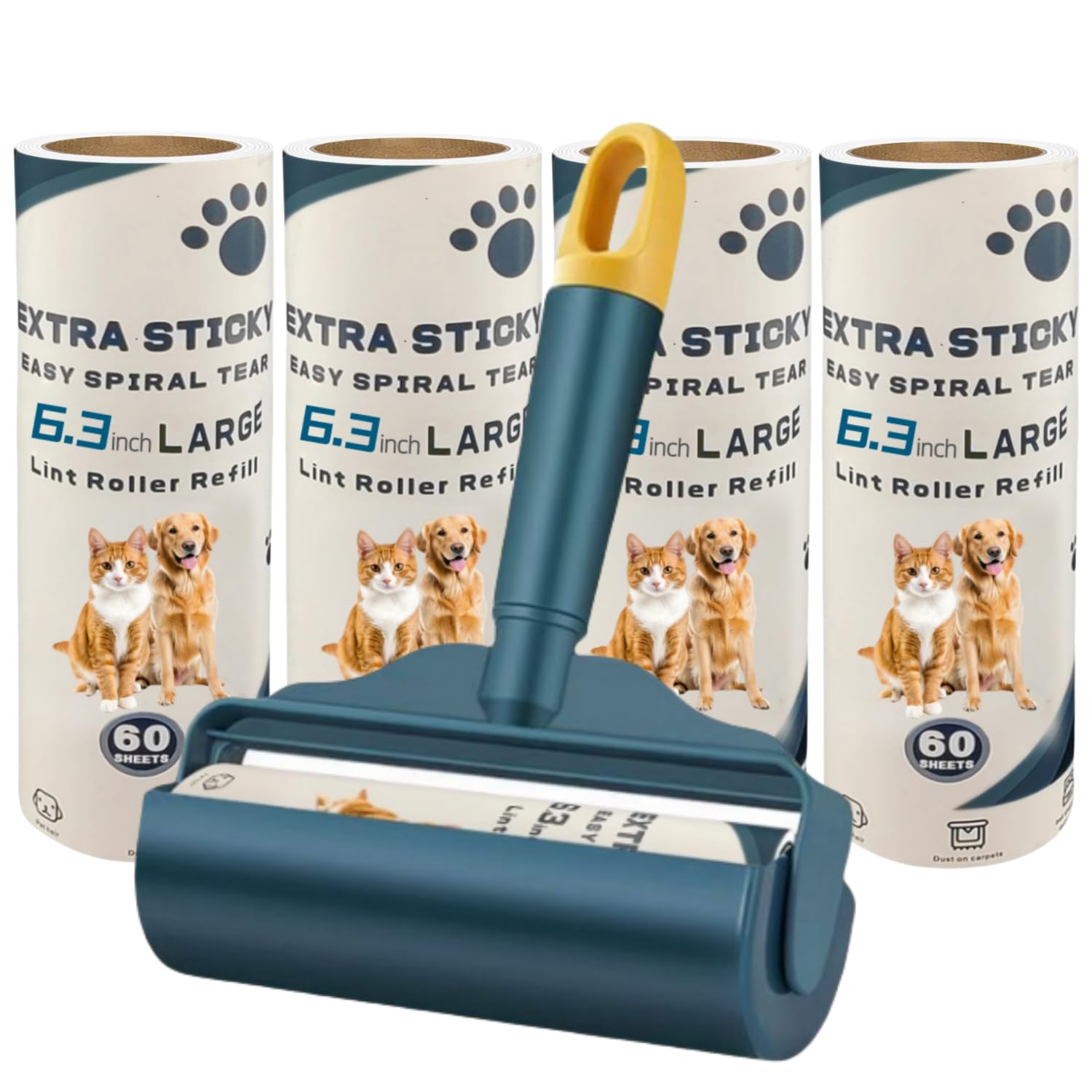 Large Lint Rollers for Pet Hair 6.3 inches Extra Sticky Lint Remover with 5 Refills/300 Sheets for Cat and Dog Hair Removal Clothes Carpet Couch Floor Remover dust