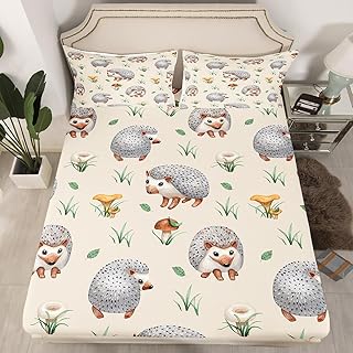 Erosebridal Grey Hedgehog Bed Sheets for Kids Boys Girls Cute Kawaii Animal Fitted Sheet Twin Size, Hippie Mushroom Sheets Woodland Wildlife Bedding, Green Grass Leaf Bed Cover (Deep Pocket)
