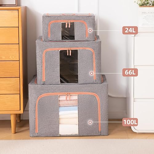Miniatura 5 de Paquete de 3 contenedores apilables de almacenamiento de ropa de 66L con asas de marco de metal y cremallera, caja organizadora plegable con tapa