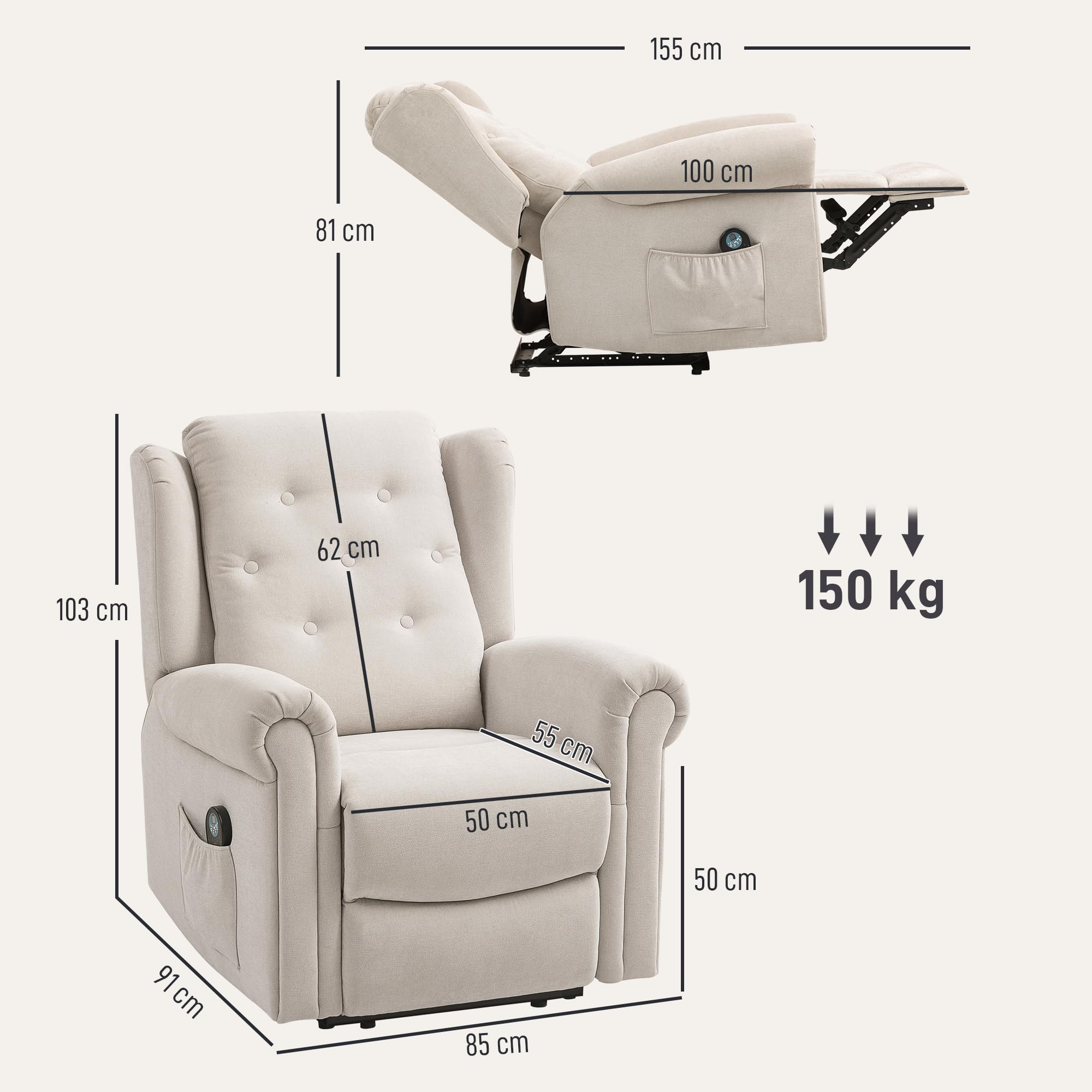HOMCOM Fauteuil Relax massant et Chauffant, Fauteuil inclinable Beige | Dossier et Repose-Pieds Réglables Manuellement, Tissu Aspect Lin, Poche Latérale, pour Salon, Chambre