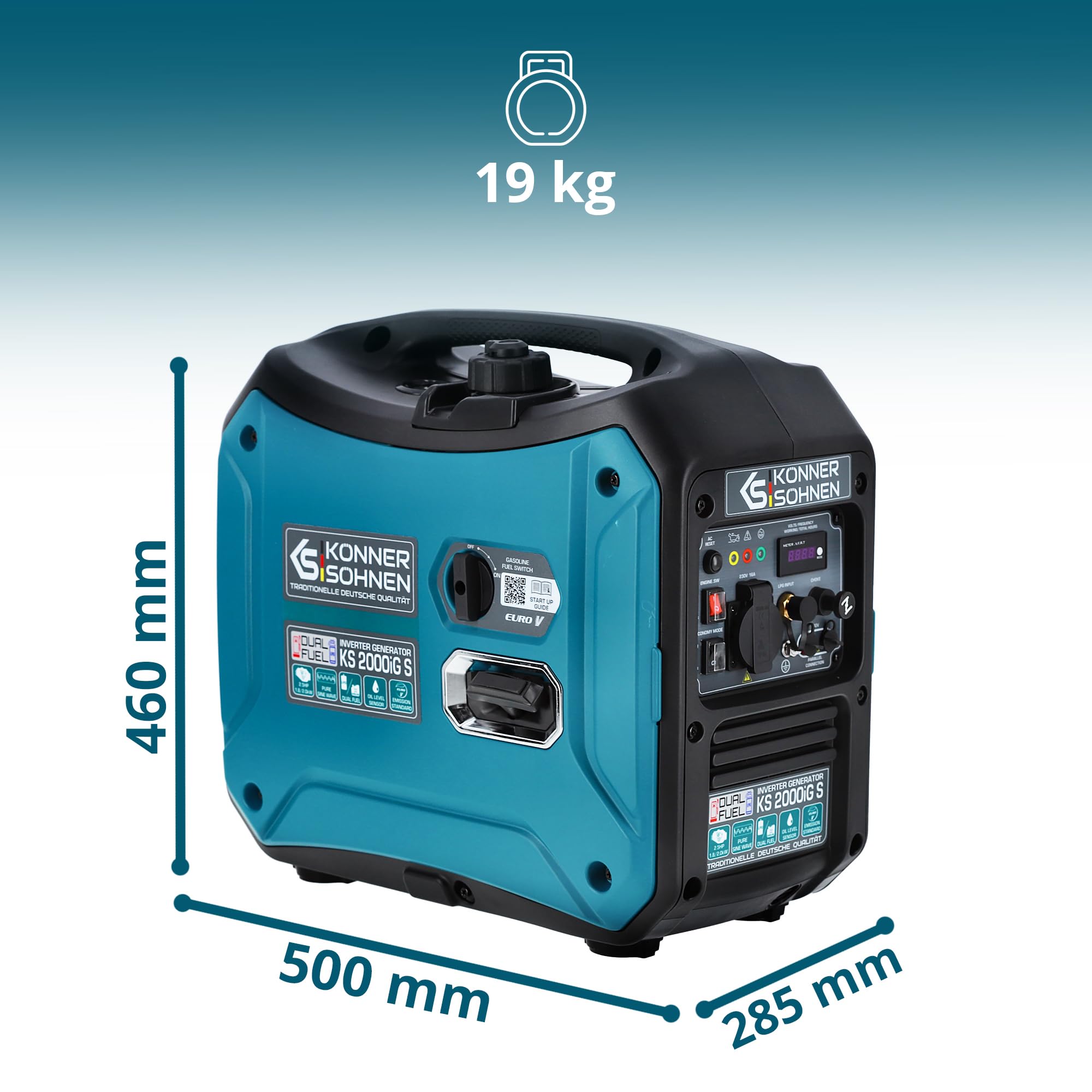 Generador inverter híbrido gas/gasolina Könner & Söhnen KS 2000iG S, 2000 W, carcasa insonorizada (62 dB), Schuko 230V, LED, modo eco, cobre, protección, EURO 5