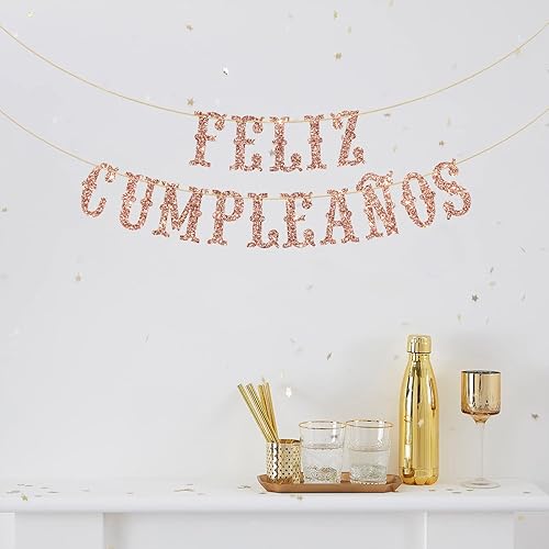 Miniatura 4 de Cartel de Feliz Cumpleaños con purpurina de oro rosa – Cartel español de feliz cumpleaños, decoraciones de fiesta mexicana temática de fiesta de