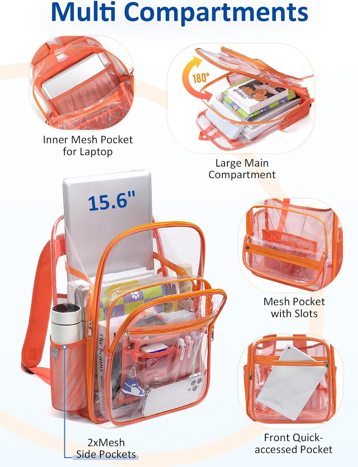 Extra Large Clear Backpack with TSA Lock, Heavy Duty Transparent See Through Clear Bookbag for College, Work, Travel, Casual Sport, Orange