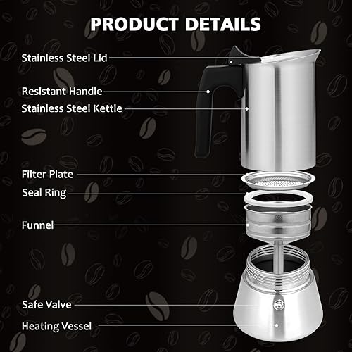Miniatura 2 de Cafetera de café expreso de acero inoxidable para estufa, 9 tazas de café expreso, 15.2 fl oz15 onzas (taza de expreso 1.7 fl oz)1.7 onzas,