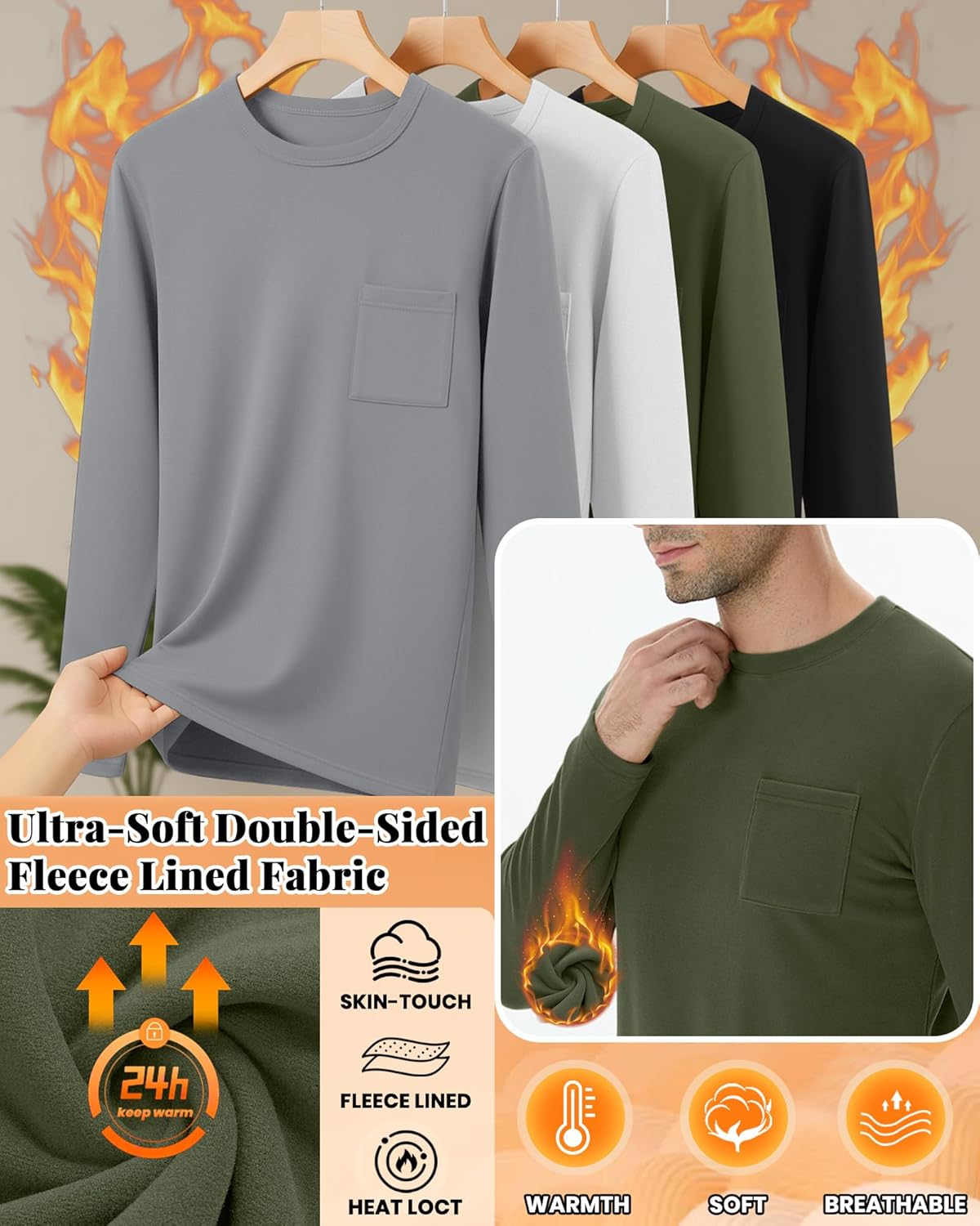 4 Pack Men's Big and Tall Thermal Shirts Fleece Lined Long Sleeve Underwear Top Crew Neck Undershirts Base Layer - Image 4