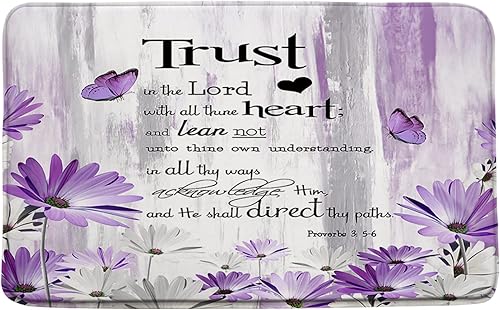 Sunhe Tapete de baño con cita inspiradora, diseño de margaritas moradas, mariposa, confianza en el Señor, pintura abstracta, impresión de granja,