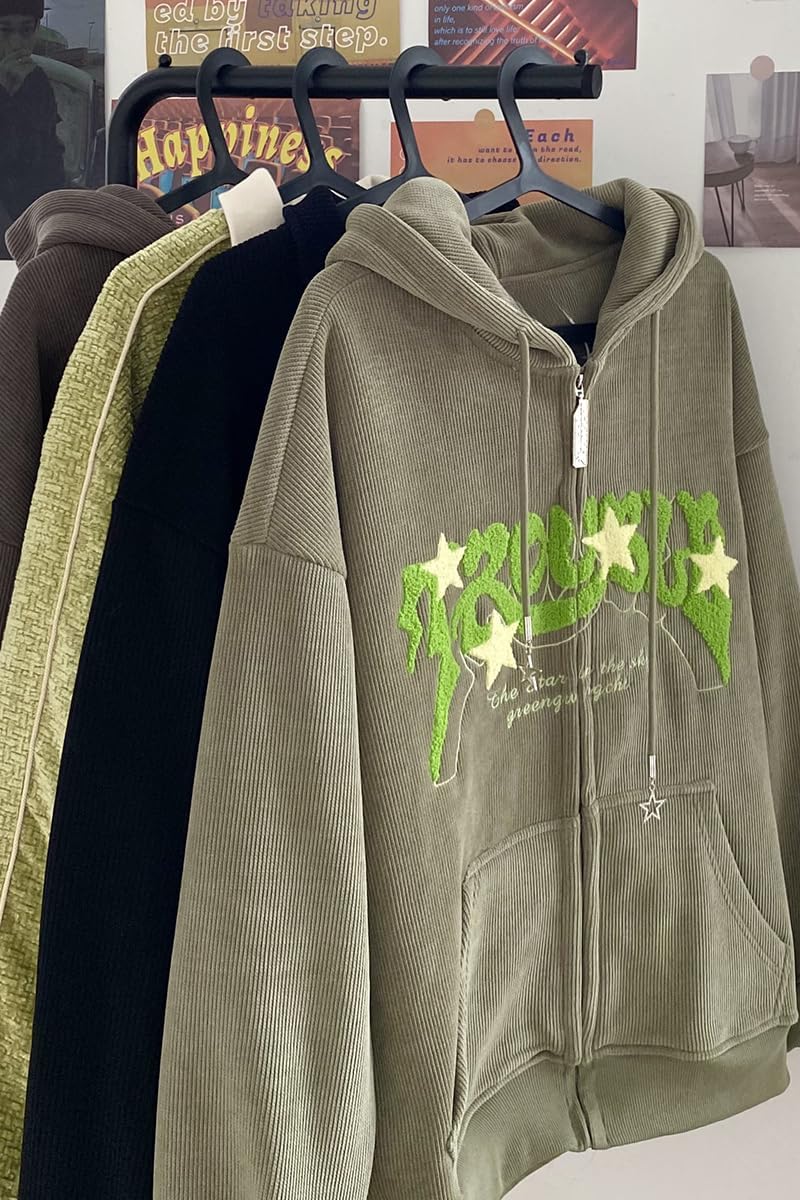 Sumleno Y2K Zip Up Hoodie Letter Print Star Graphic Grunge Hooded Corduroy Sweatshirt Jacket Oversized Retro Y2k Clothing - Image 8