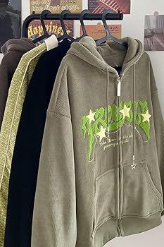 y2kトップスとジャケット Mens Star Patch Zip Up Hoodie: Oversized Y2K Sweatshirt
