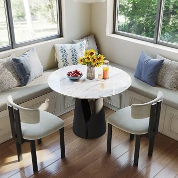 POVISON 35" Round Dining Table, Sintered Stone Top with Metal Pedestal Base, Modern Kitchen Table for Small Spaces, Seats 2-4,White & BlackTable Only