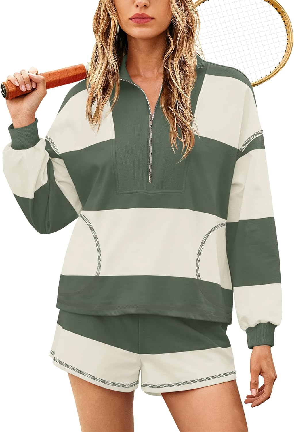 Yanekop Womens Oversized Striped Set Matching Workout Sets Lounge Sets 2 Piece Outfits Half Zip Pullover and Shorts Set