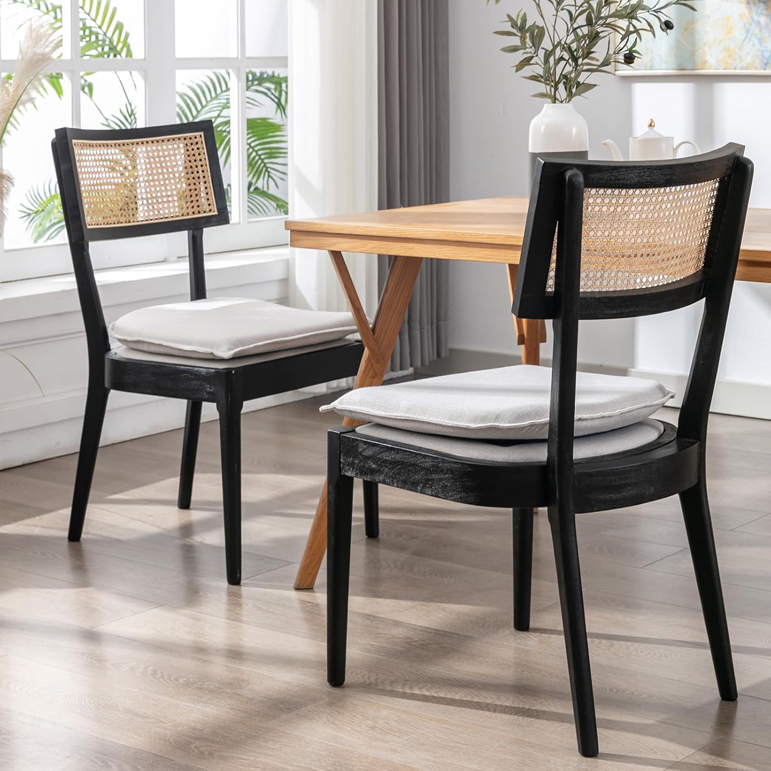 Amazon.com: Guyou Black Rattan Dining Chairs Set of 2, Linen Upholstered Farmhouse Dining Chairs ...