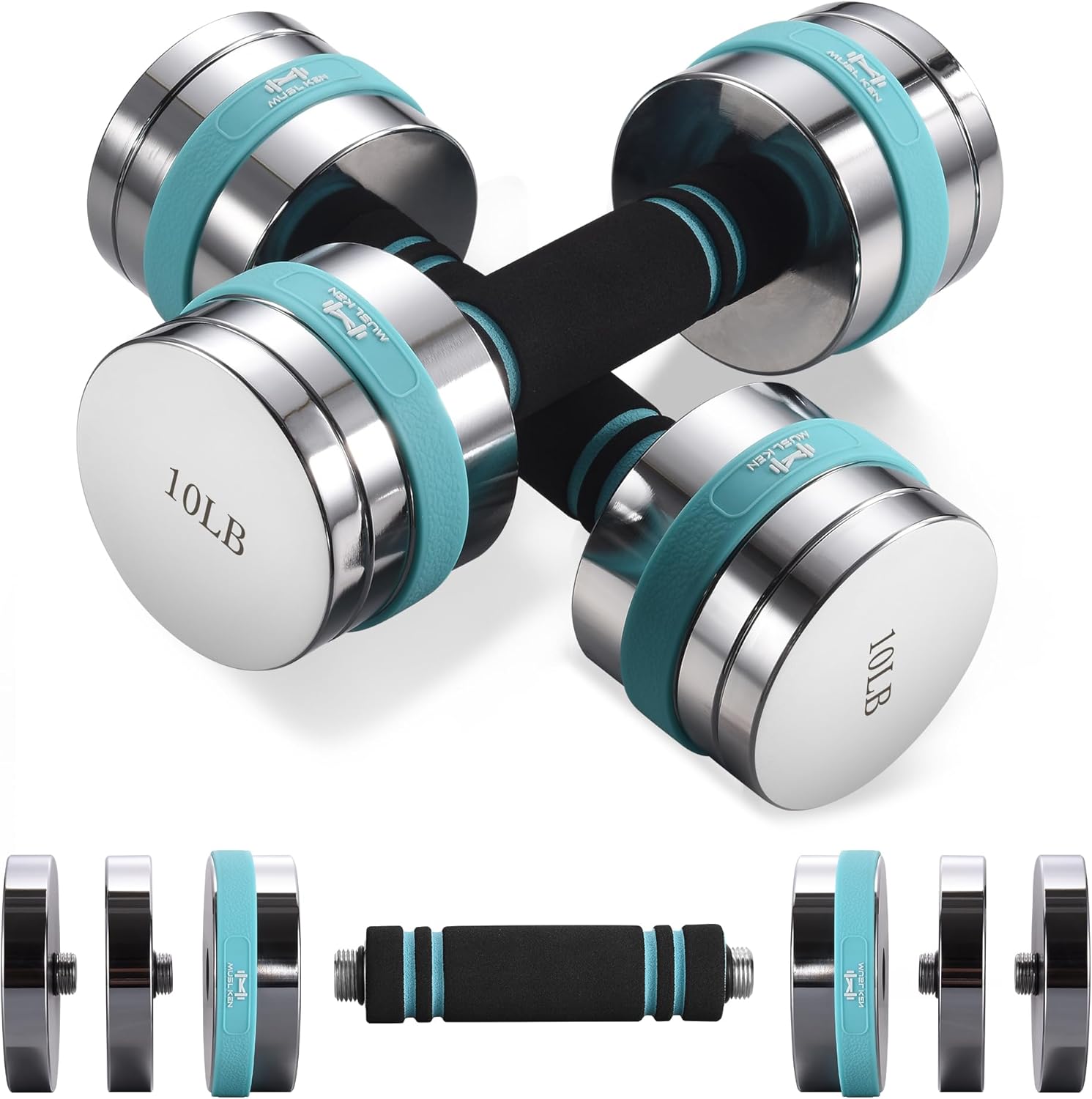 Solid Steel Dumbbell Set of 2, 20lb/40lb Pair Mirror Polished Chrome Weights, [10lb or 20lb] Each Ultracompact Dumbbells with Ergonomic Non-Slip Grip Handle, Fitness Hand Weights for Home Gym (Optional Extension Bar Available)