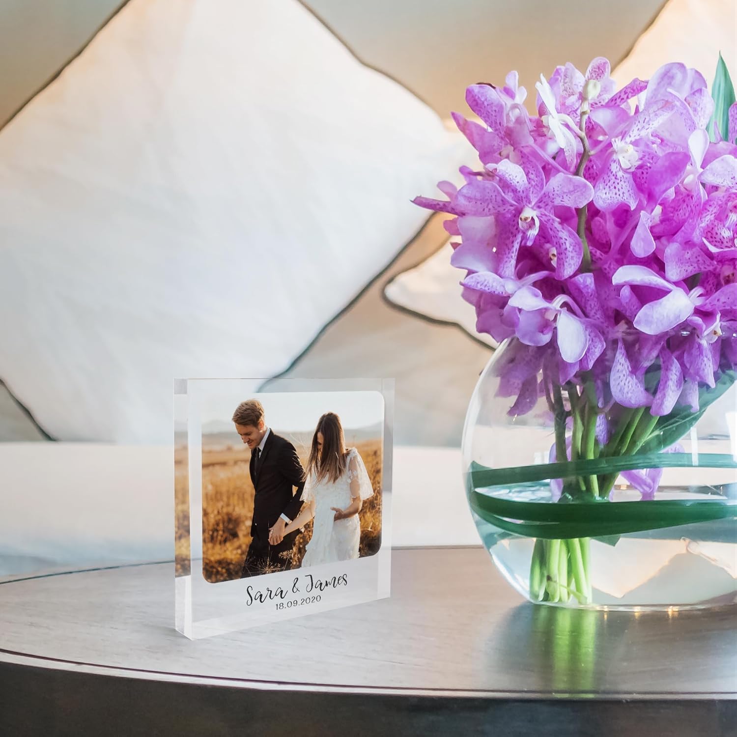 Customized Acrylic Photo Cube, Freestanding Acrylic Block Frame, Durable Photo Cube for Desk Decor, Non Breakable Frames, Personalized Photo Gift for Birthday, Valentines Day, Anniversary, Wedding, Graduation, Keepsake Gift for Her Him (Design 2, 5x5 in)