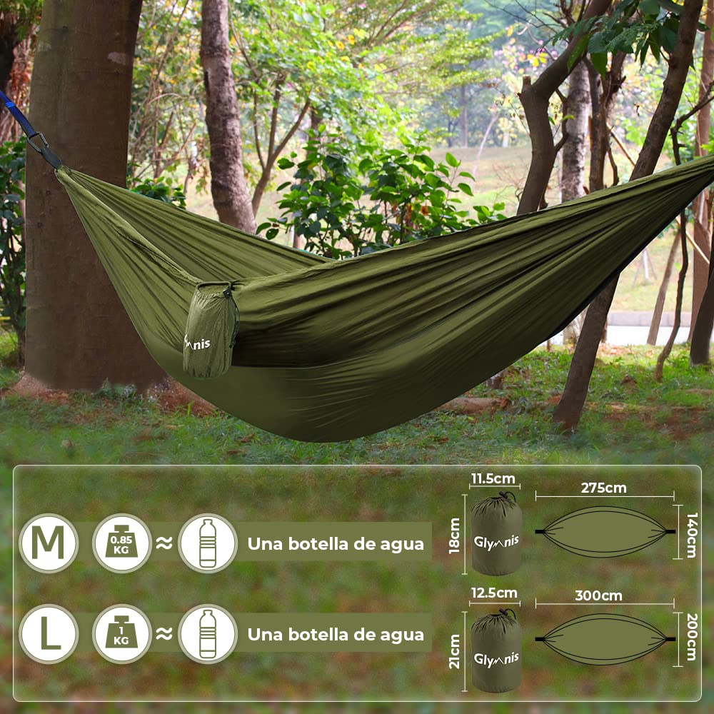 Glymnis Hamaca Ultraligera de Nailon, 300 kg de Capacidad de Carga, 275 x 140 cm, 2 Correas de Nailon y 2 Mosquetones, Hamacas Colgantes para Acampada de Viaje al Aire Libre y Jardín