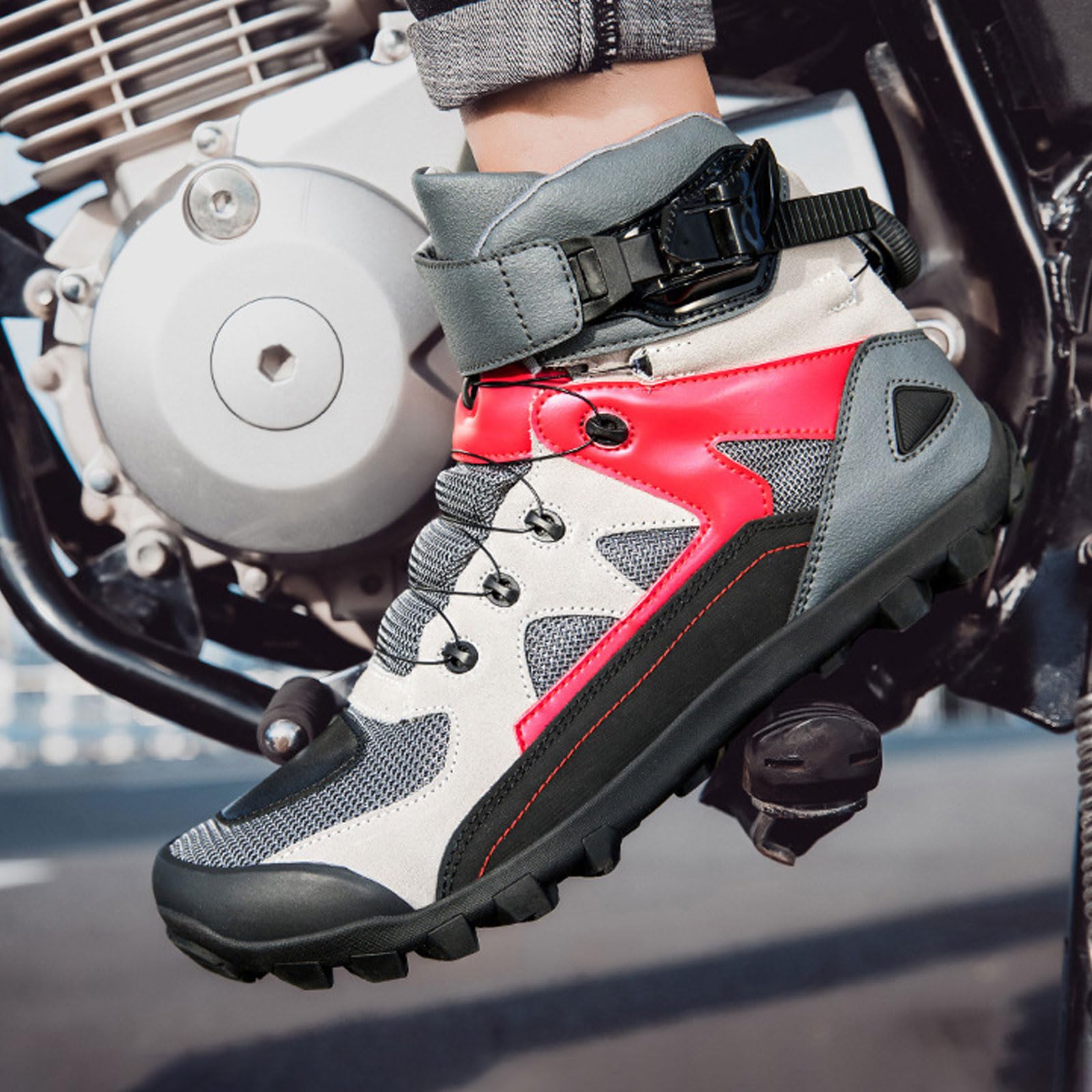 Moto Zapatos de Moto para Hombre,Zapatillas de Moto,Zapatillas de Motocross,Zapatillas de Motocicleta Antideslizantes,Respirable,Suelas de Goma,Protección Tobillo y talón.